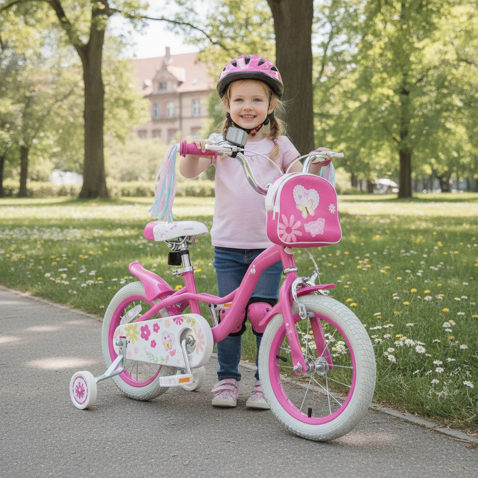 14-in Girls Bike Front Bag Handlebar Ages 3-5 Pink Kids Bicycle Removable Training Wheels Bell 110-lb Seat Capacity