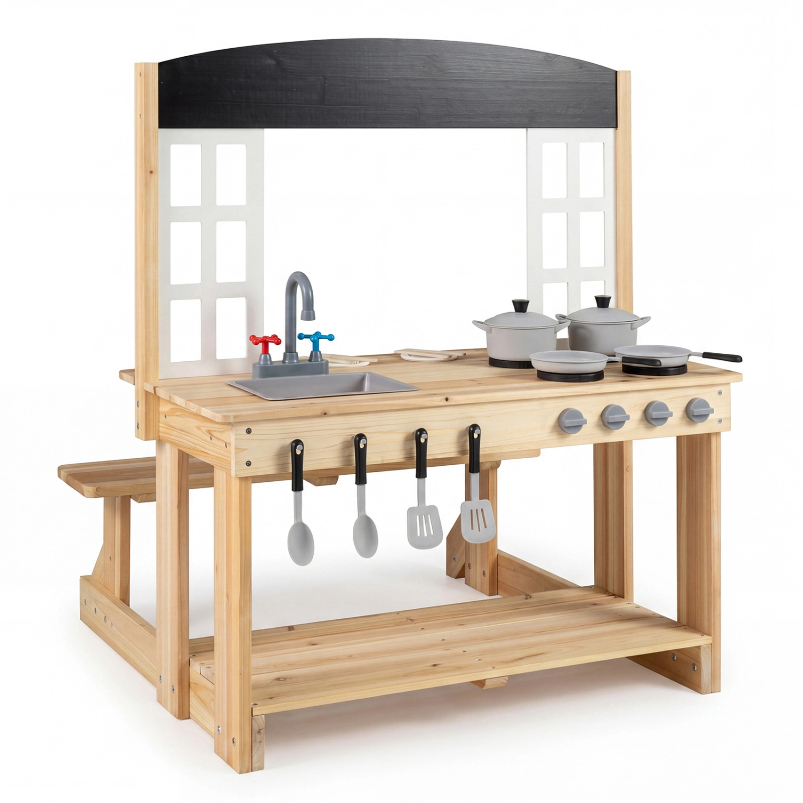 SUGIFT Natural Bench and Cooking Accessories Kids Wooden Pretend Play Mud Kitchen