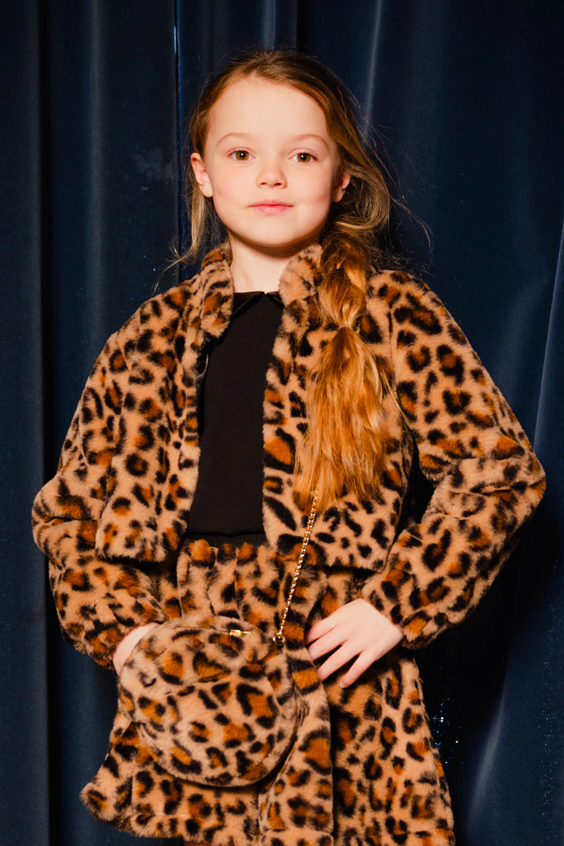 Deux par Girls Button Front Leopard Print Faux Fur Jacket with Side Pockets
