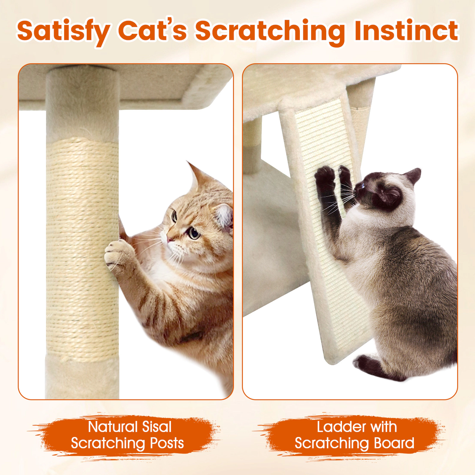 SUGIFT 65-in Tall Multi-level Cat Tree with 3 Upholstered Perches and 2 Cat Condos Beige