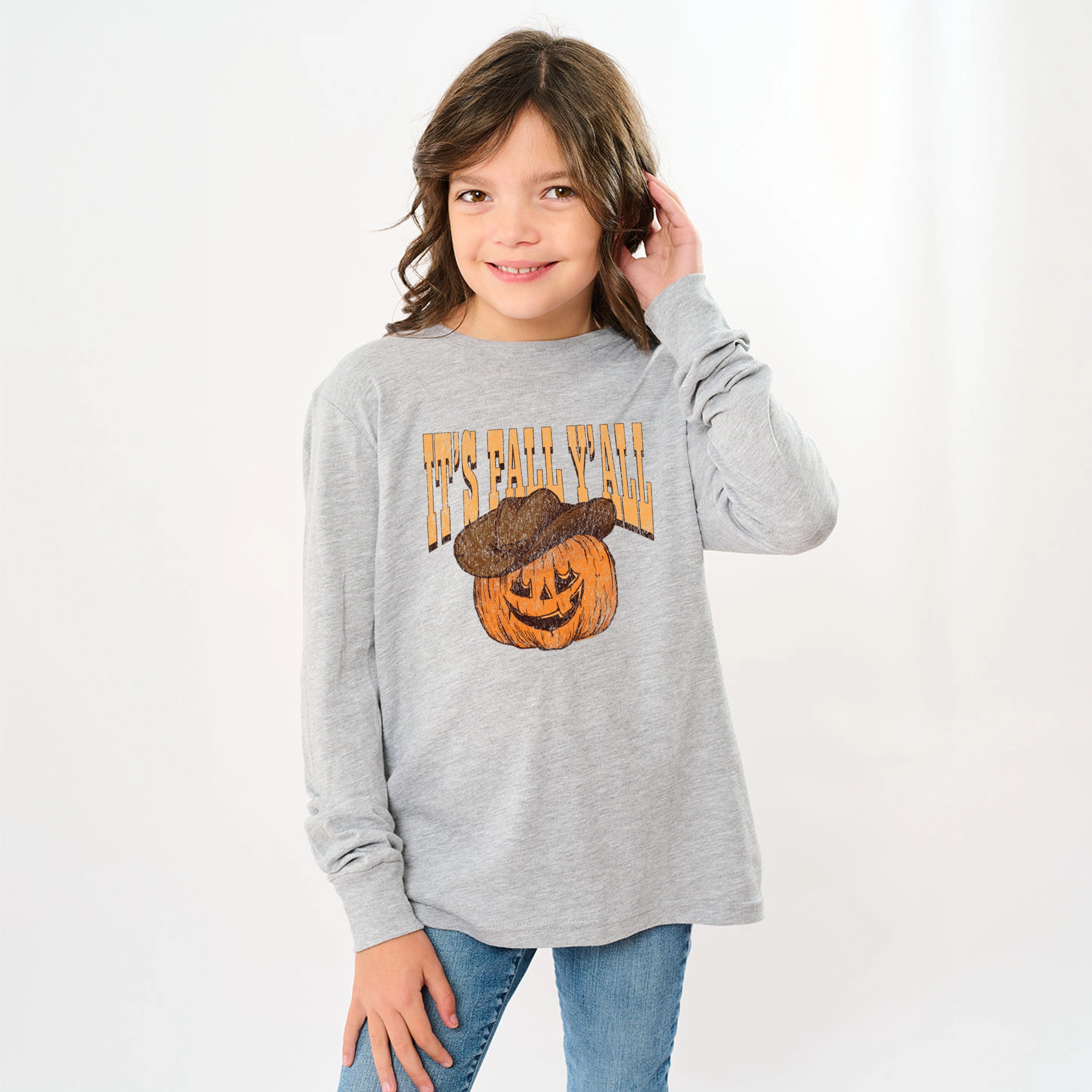 The Juniper Shop - Youth Long Sleeve Graphic T-Shirt It's Fall Y'all Jack-O-Lantern