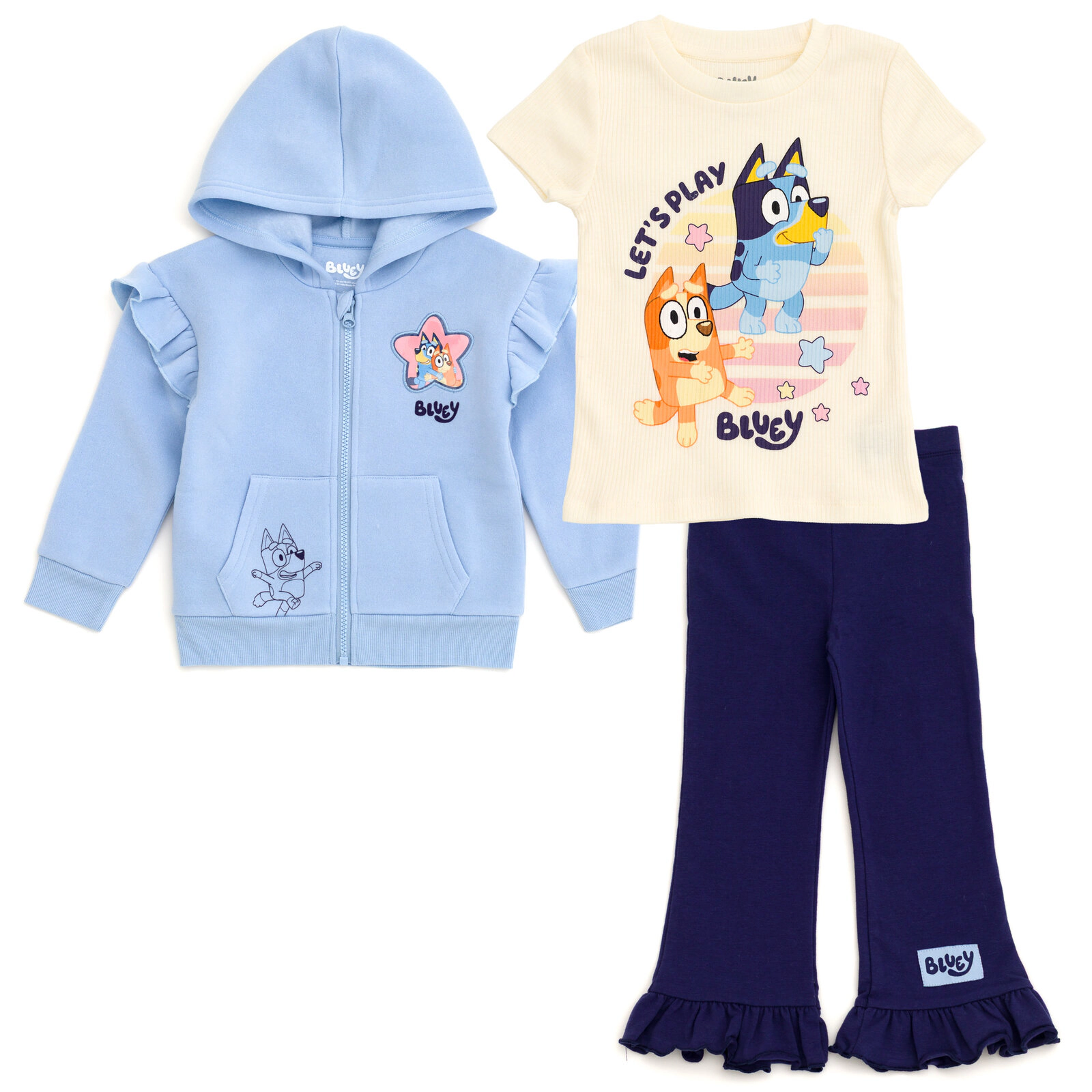 Bluey Girls' Zip-Up Hoodie T-Shirt and Pants Set