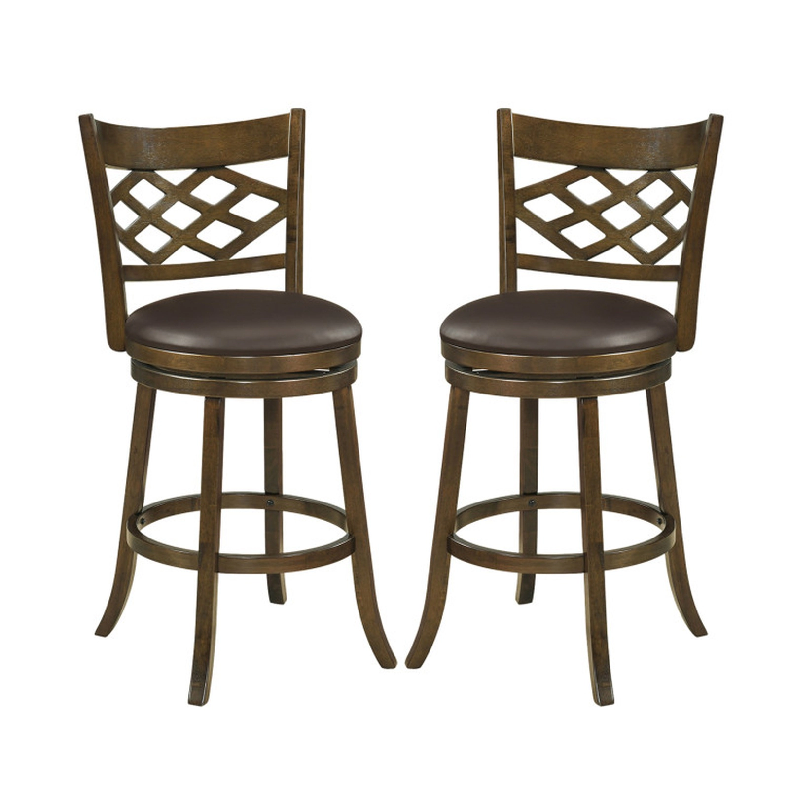 SUGIFT Round PVC Leather Seat and Rubber Wood Frame Set of 2 Brown Swivel Bar Stools