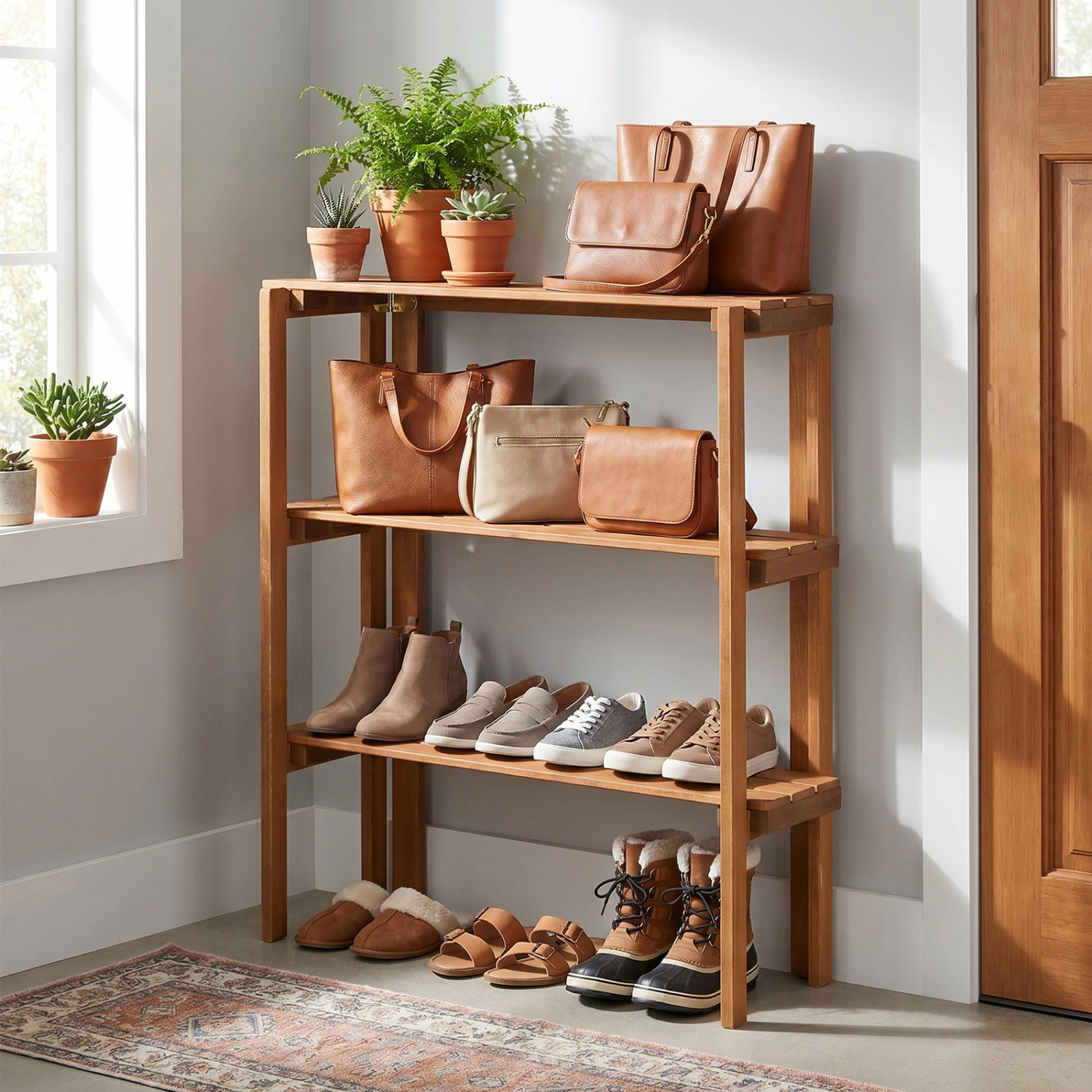 SUGIFT Natural 3-Tier 36-in Folding Wooden Slatted Storage Shelf Plant Stand and Shoe Rack for Entryway