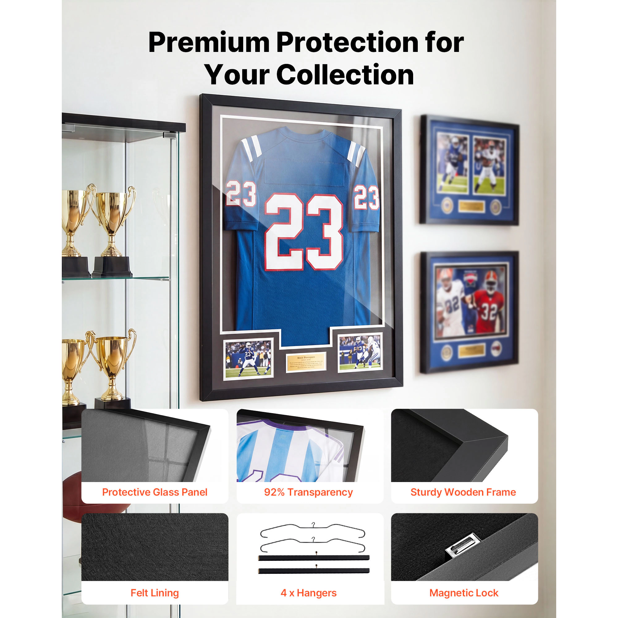 HONGGE Jersey Frame Display Case Wooden Sport Jersey Shadow Box with 98% UV Protection PC Panel and Hanger Magnetic