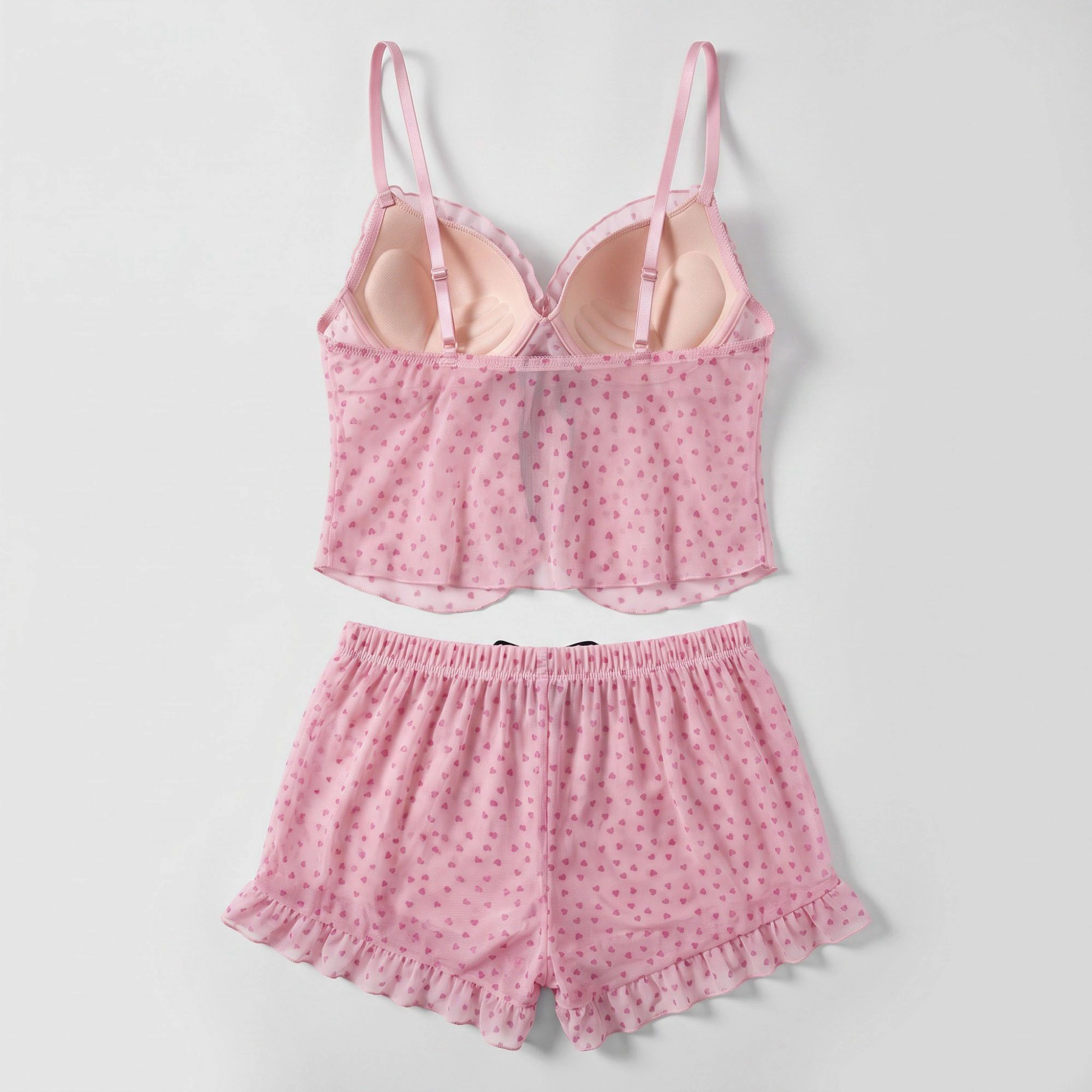 Anna-Kaci Women's Heart Print Mesh Ruffle Cami and Shorts Lingerie Set