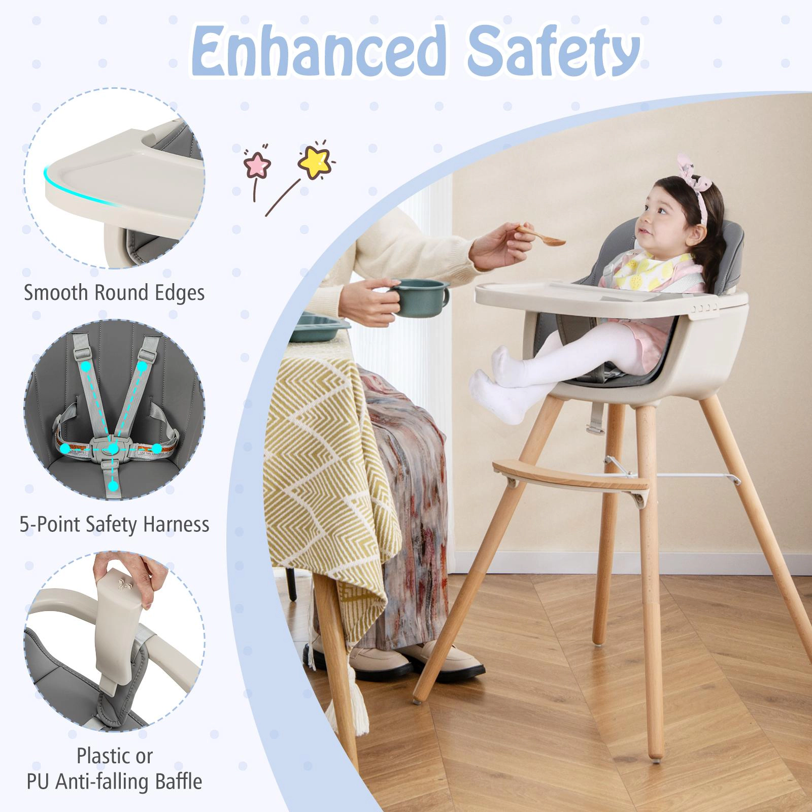 SUGIFT 3-in-1 Convertible High Chair Cushion 35-lb Capacity Ages 6 Months-3 Years 20.5-in High Chair 17.5-in Short