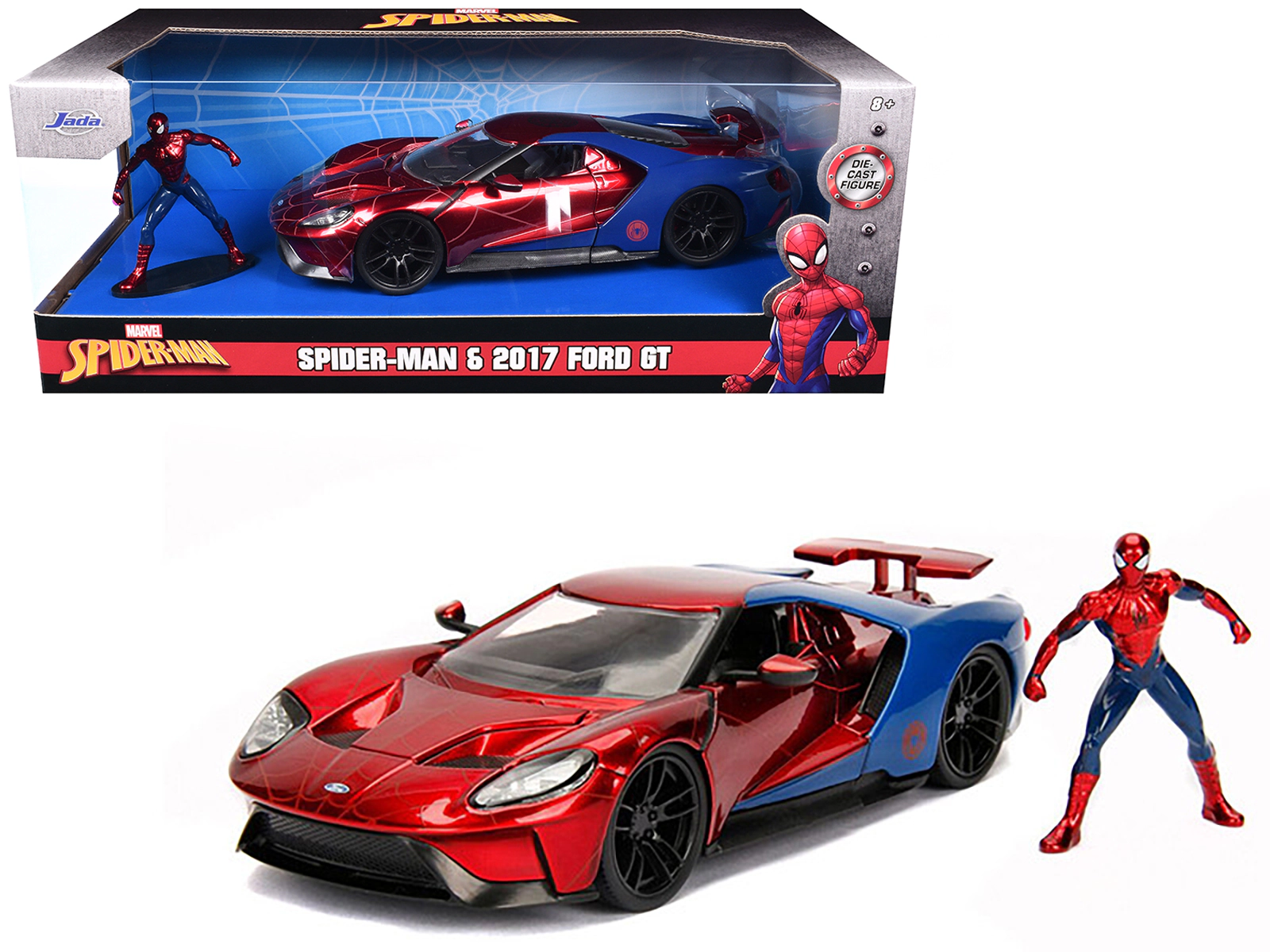 Jada 2017 Ford GT with Spider Man Diecast Figurine "Marvel" Series 1/24 Diecast Model Car by Jada