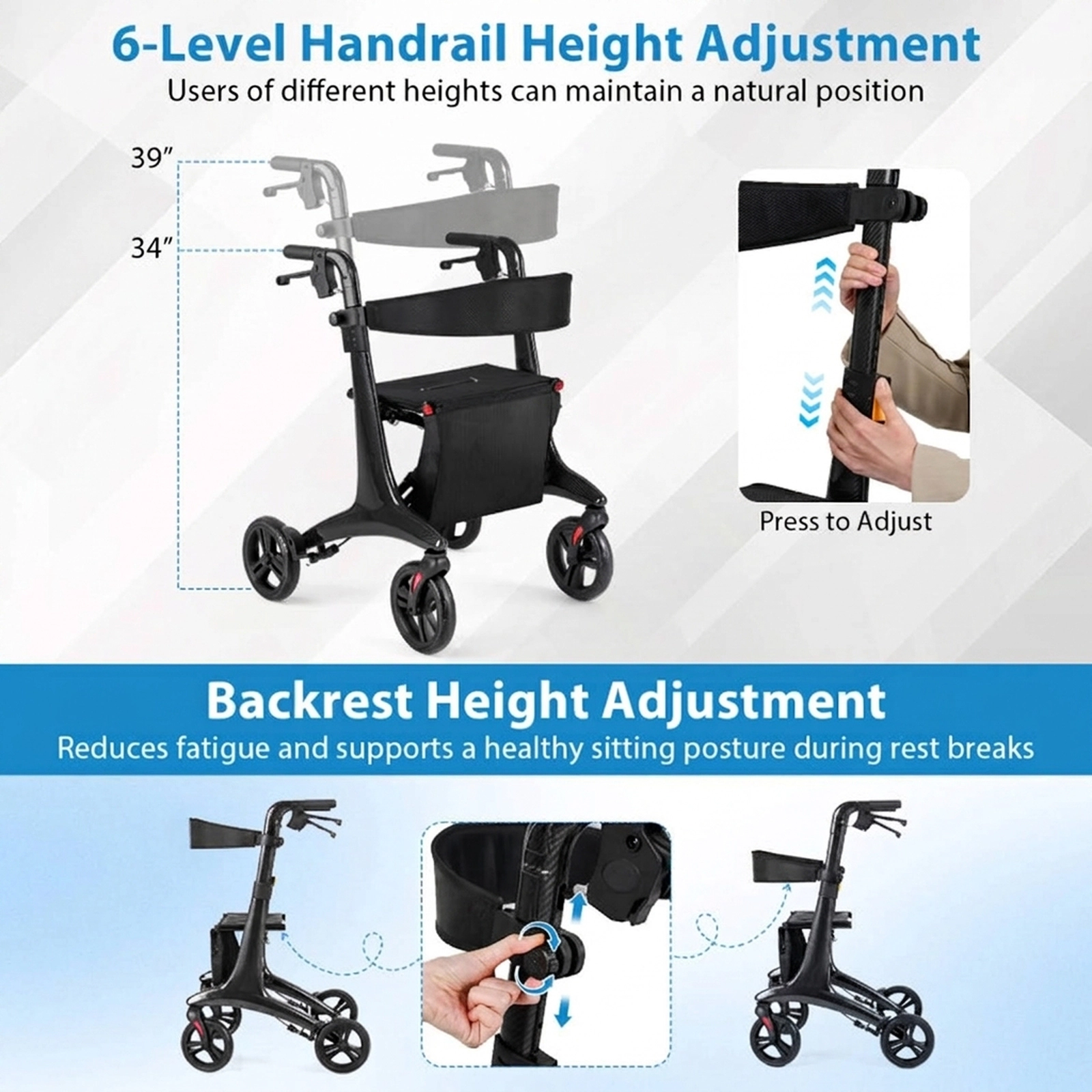 SUGIFT Foldable Rollator Rolling Walker with Seat 300-Lb Capacity Black