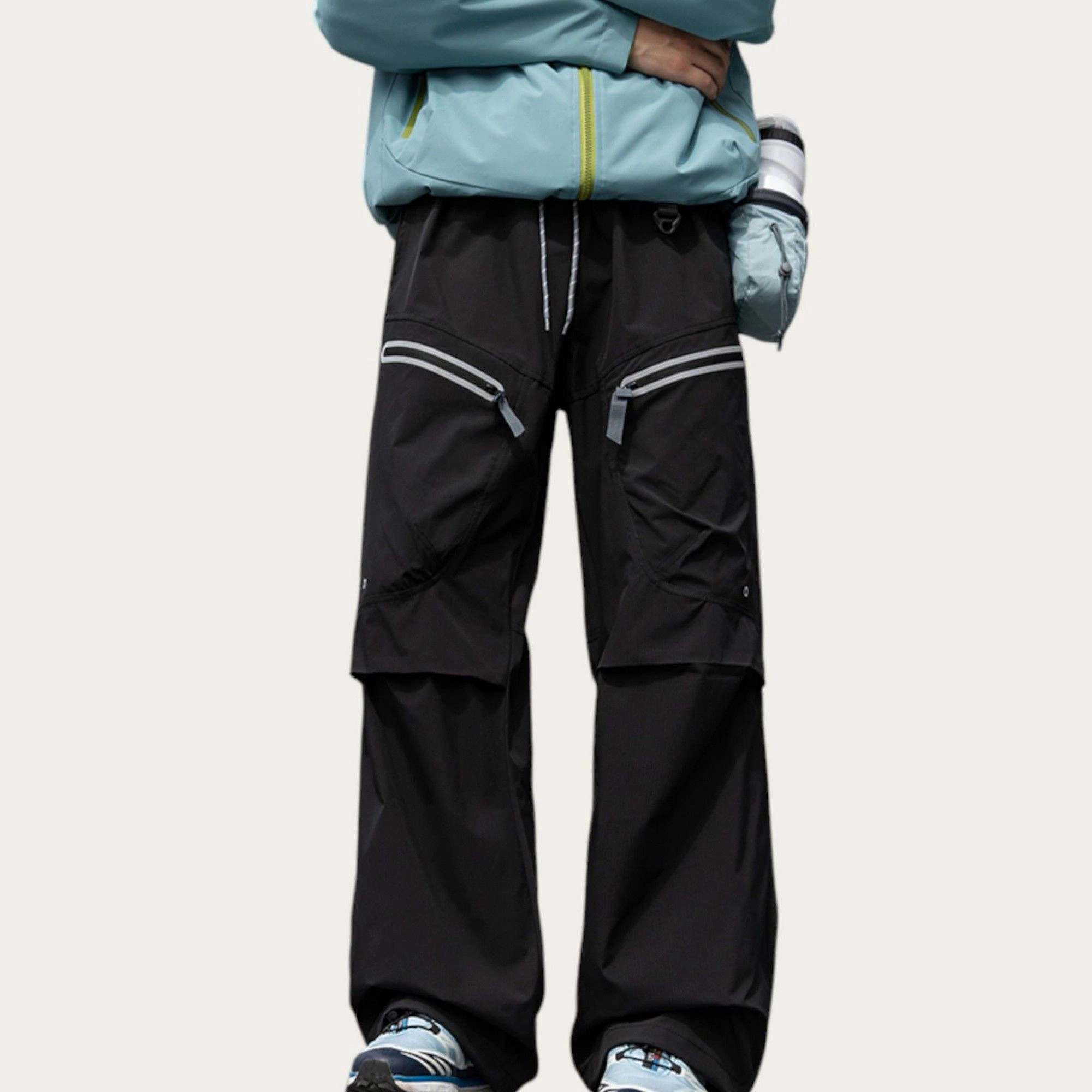 Anna-Kaci Men's Wide-Leg Cargo Pants with Zippered Pockets and Adjustable Drawstring Waist