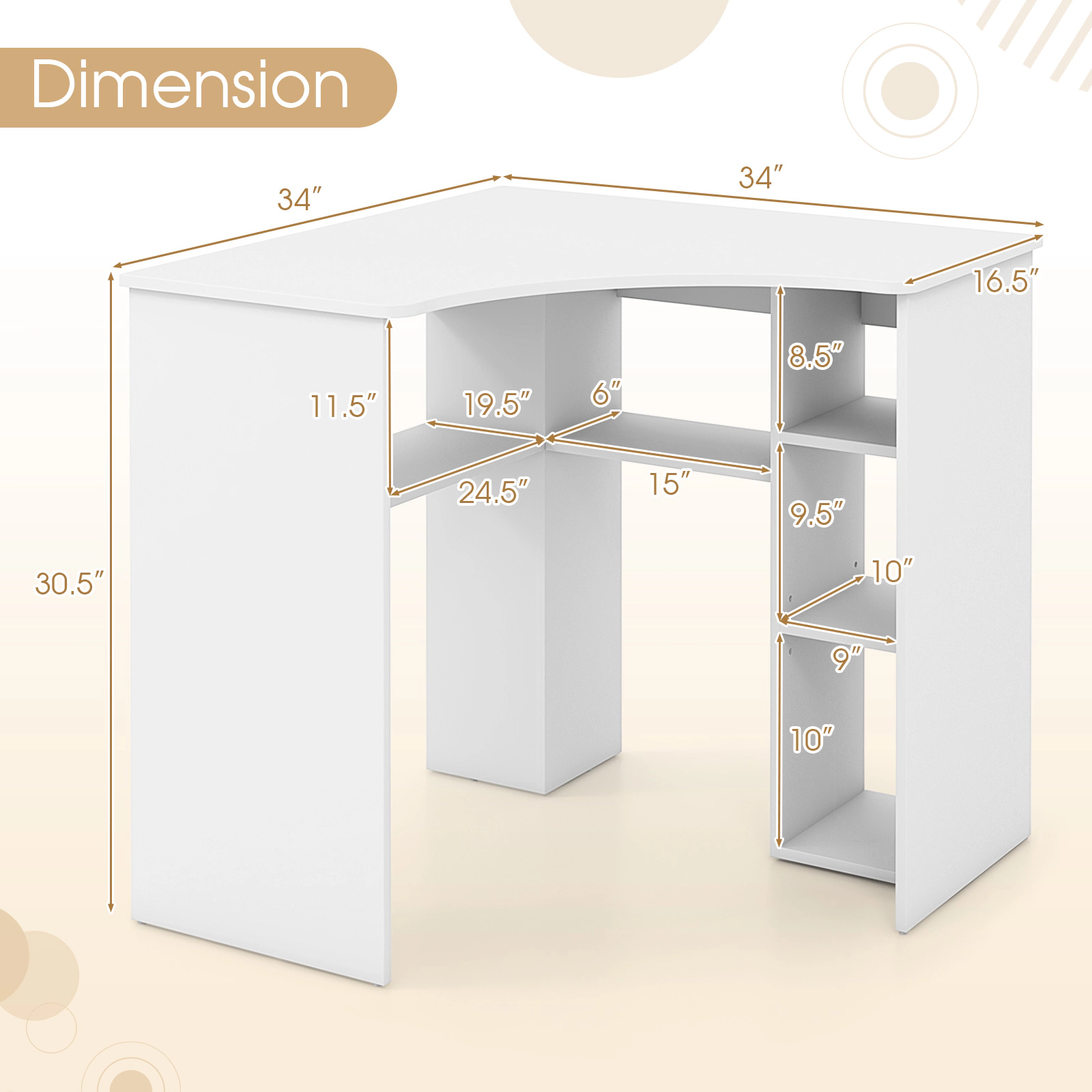SUGIFT 90° Corner Triangle Computer Desk with Adjustable Shelf and Arc-Shaped Profile 220-lb Tabletop Capacity White