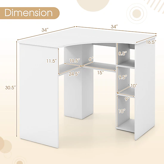 SUGIFT 90° Corner Triangle Computer Desk with Adjustable Shelf and Arc-Shaped Profile 220-lb Tabletop Capacity White