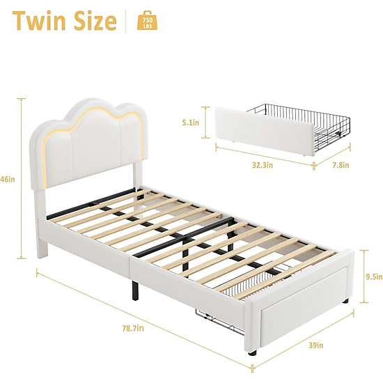 BebreezChic Girls Twin PU Platform Bed Frame with Drawer, Adjustable Upholstered Headboard and Smart LED Lights