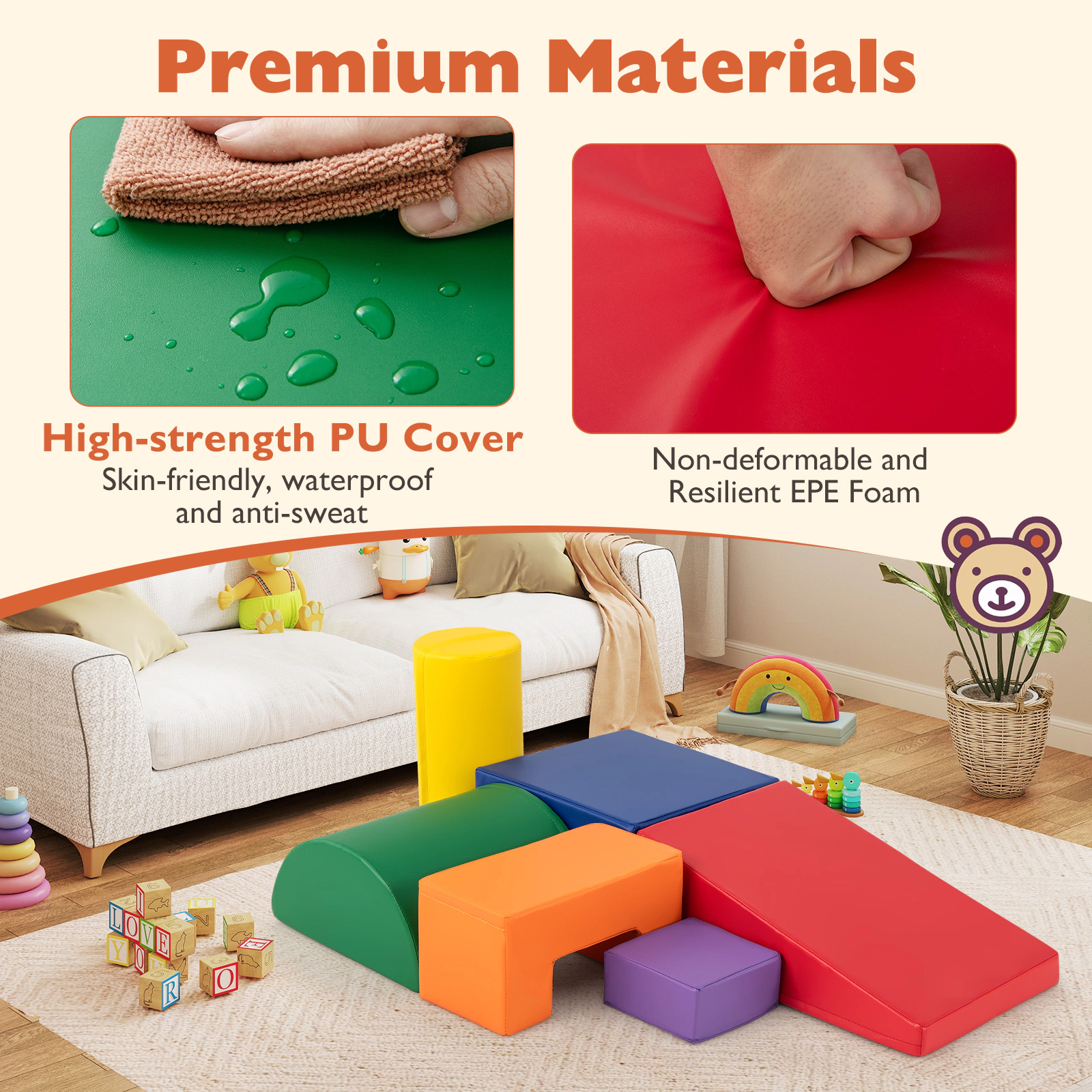 SUGIFT Orange Indoor Climb and Crawl Activity 6-Piece Toddler Foam Climbing Blocks Playset