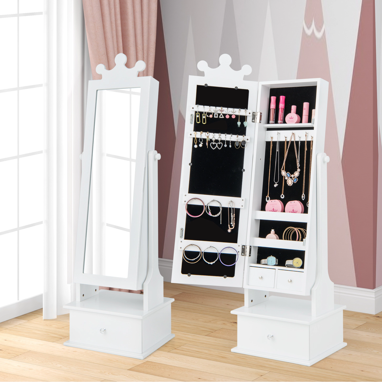SUGIFT White Full Length Mirror and Drawer for Ages 3 and Up 2-in-1 Kids Jewelry Armoire