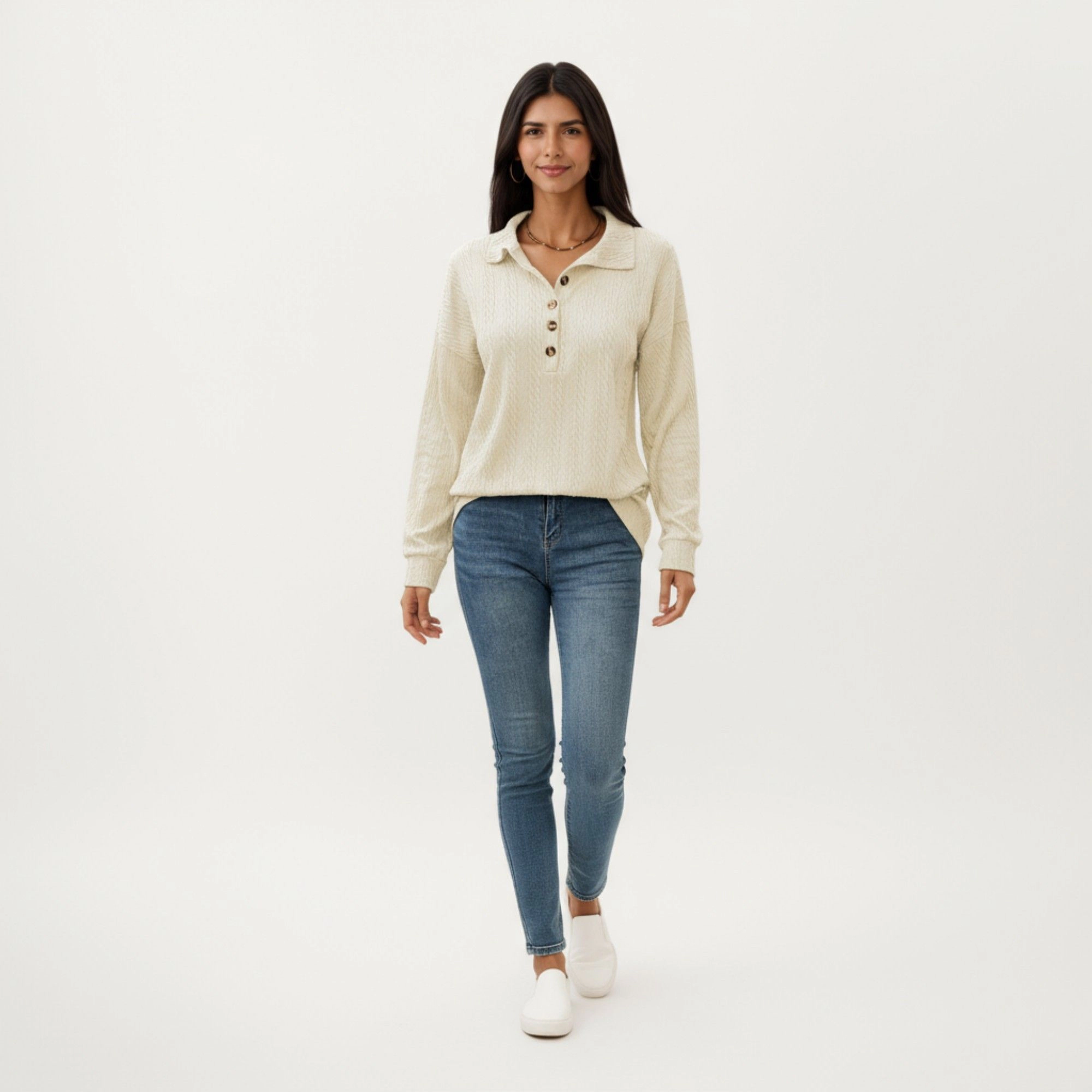Anna-Kaci Women's Textured Knit Collared Button Front Long Sleeve Top