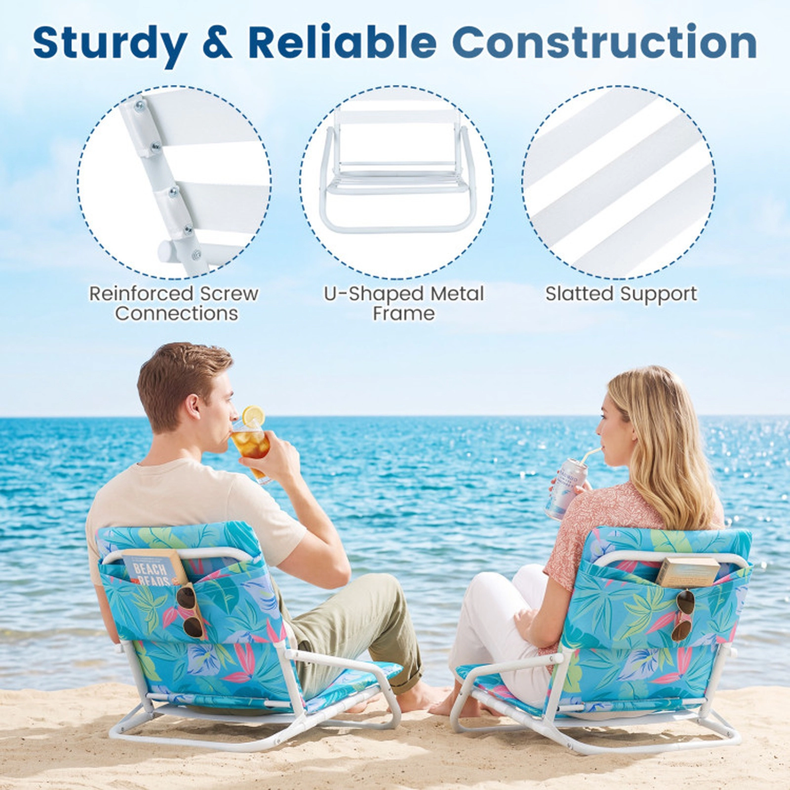 SUGIFT Set of 2 Folding Beach Chairs with Sponge Padded Seat 440-lb Capacity Navy/Colorful