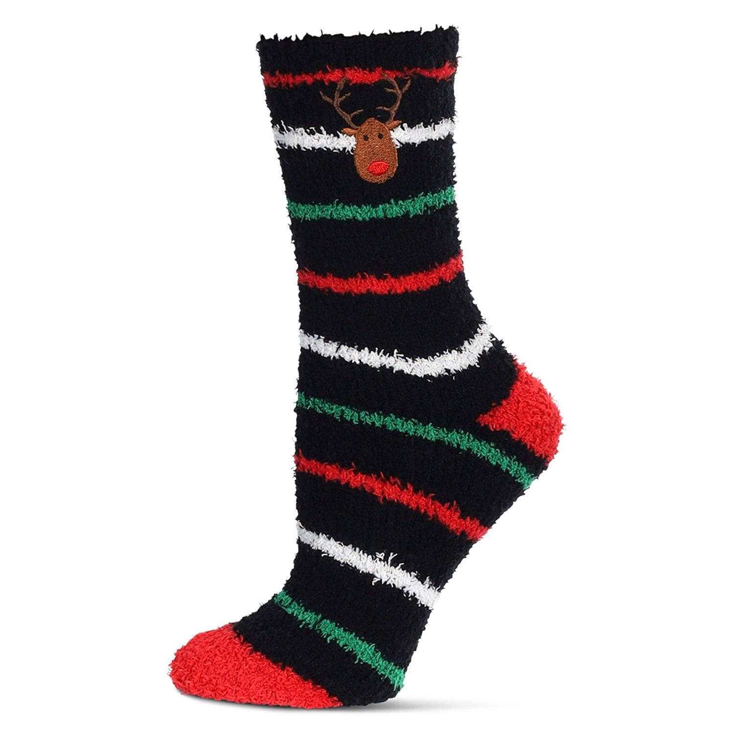 MeMoi Women's Striped Reindeer Embroidery Cozy Crew Socks