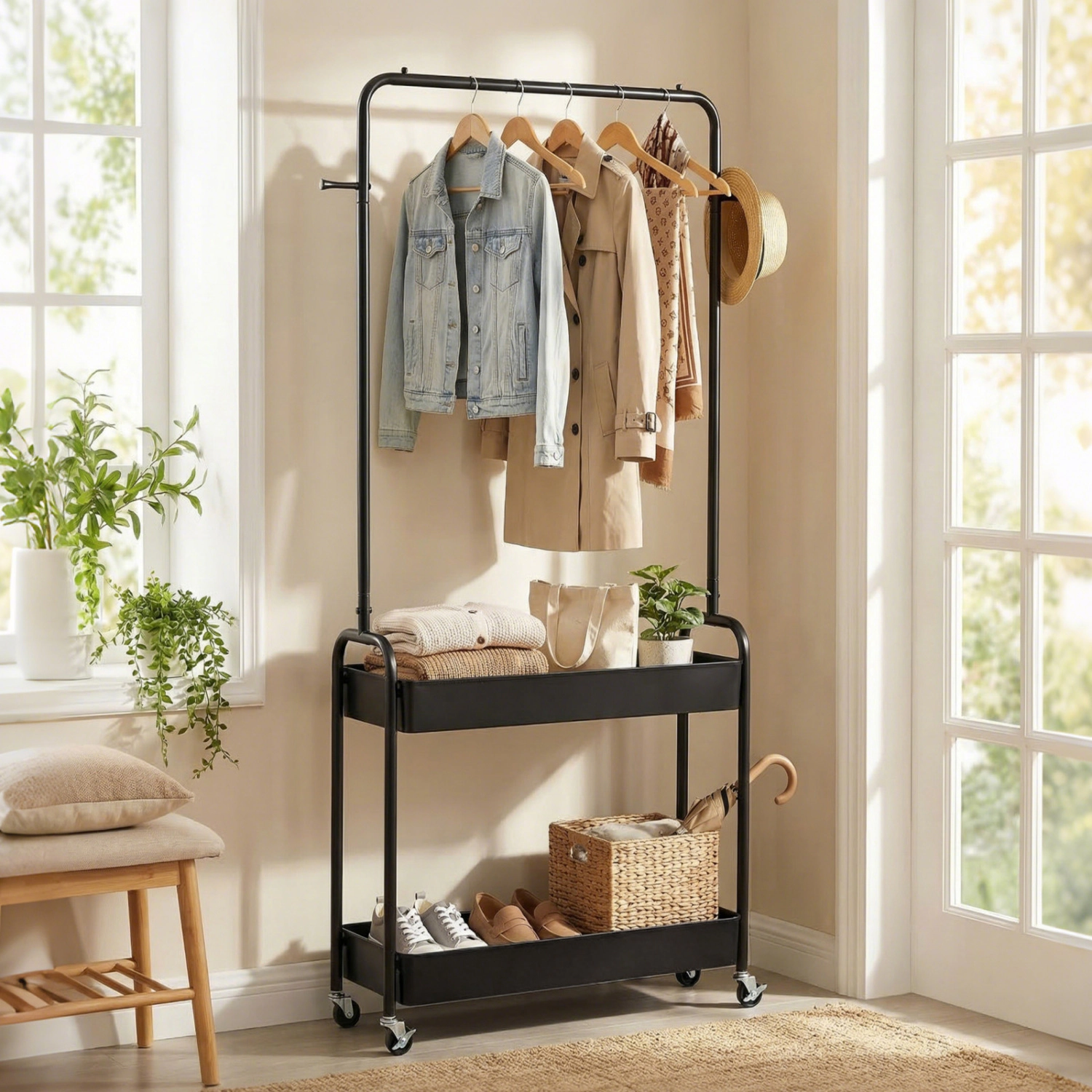 SUGIFT Heavy-Duty Rolling Laundry Cart Garment Rack with Hanging Rod and 2 Storage Baskets 80-lb Capacity Black
