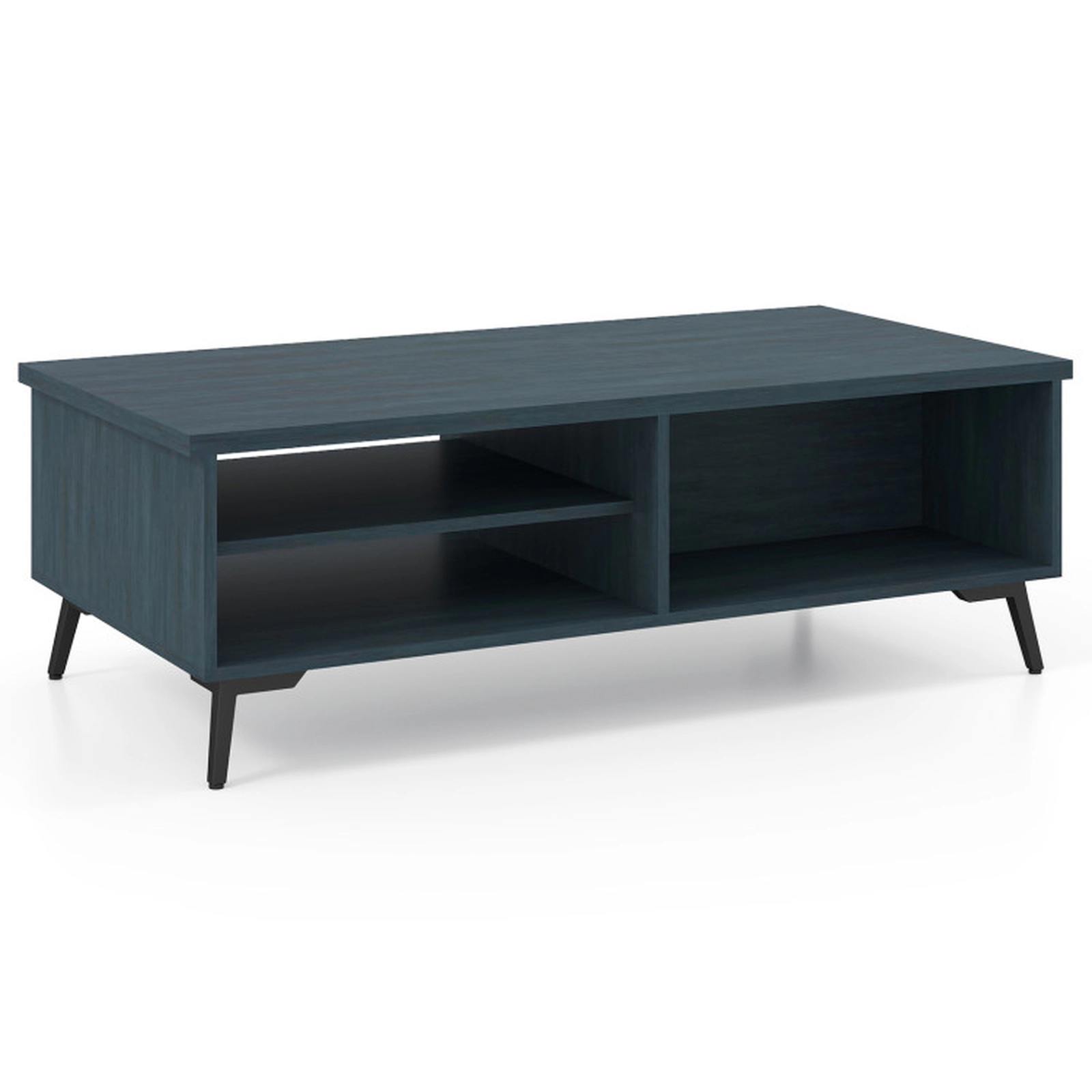 SUGIFT 2-Tier Mid Century Modern Coffee Table with Storage Shelves and Compartments 176-lb Tabletop Capacity Walnut/Blue