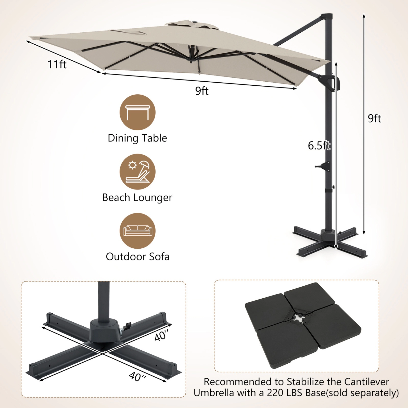 SUGIFT 11 x 9ft Cantilever Patio Umbrella with 360 Degree Rotation and Easy Tilt Adjustment 40 x 40 in Cross Base Beige