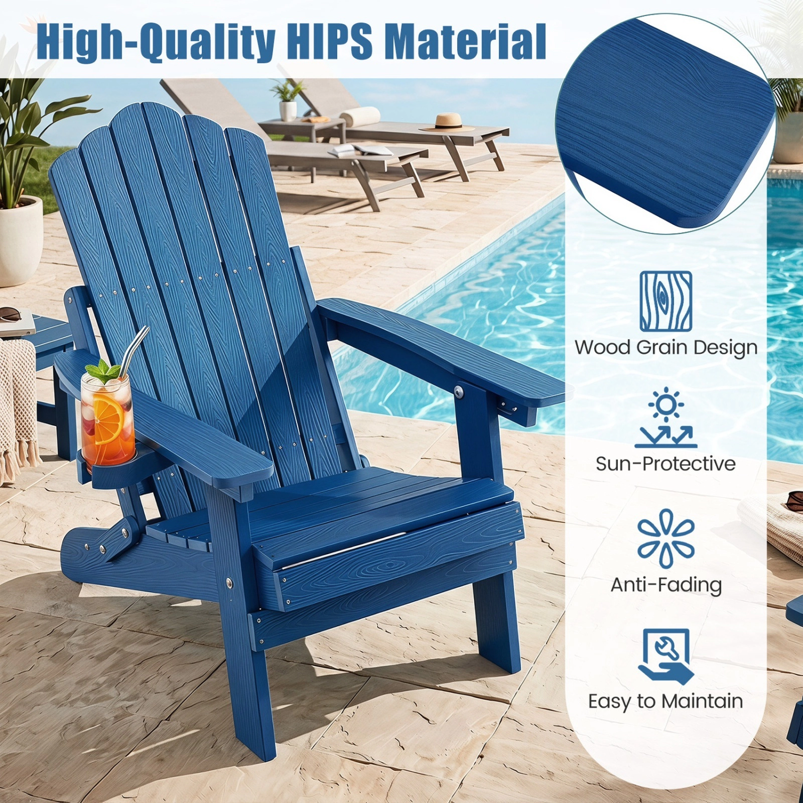 SUGIFT 2-Piece Folding Adirondack Chair Set, 5-Position Recline to 135°, Swivel Cup Holders, Navy HIPS