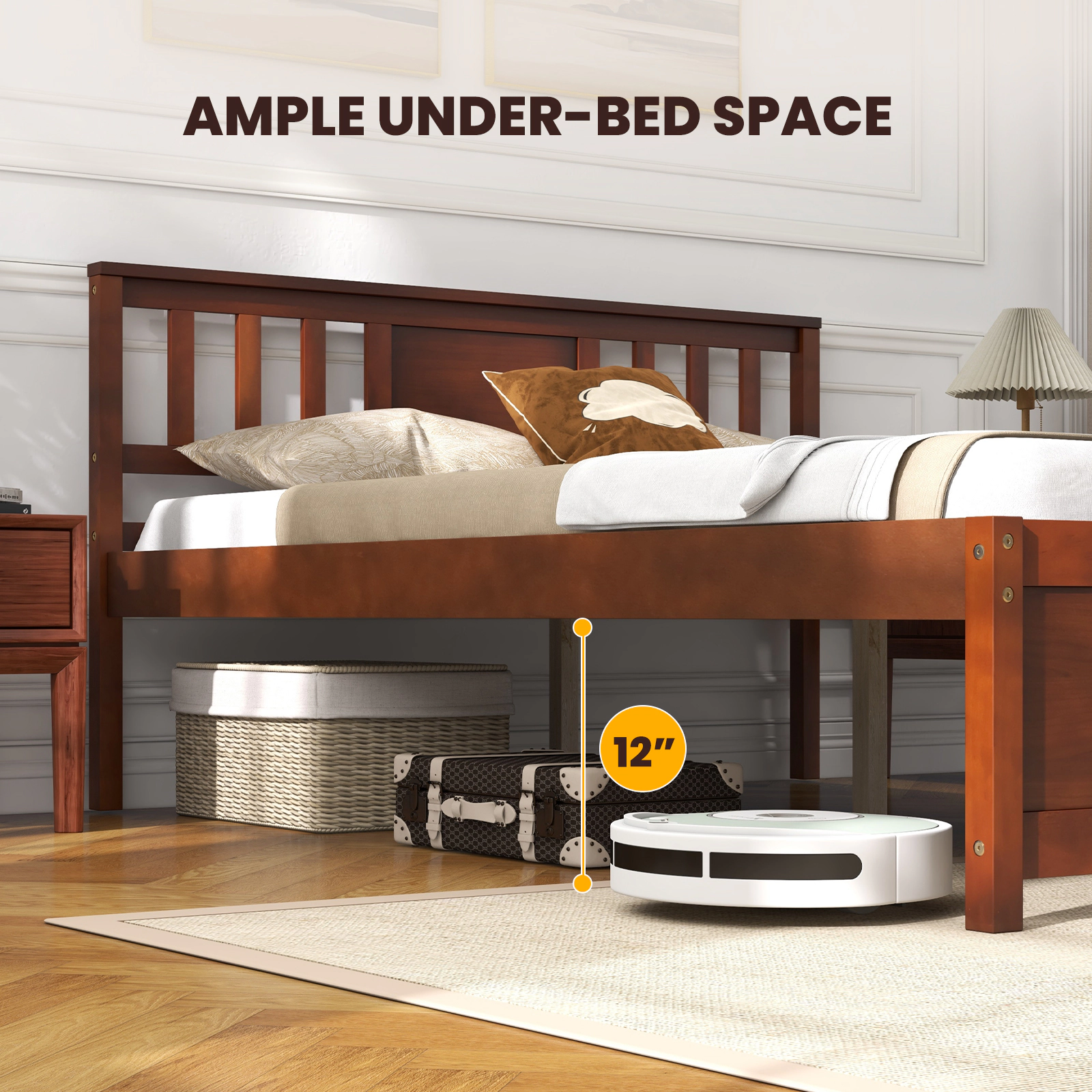 SUGIFT Wood Slat Support Platform Bed Frame with Headboard 440-lb Capacity Full Size Walnut