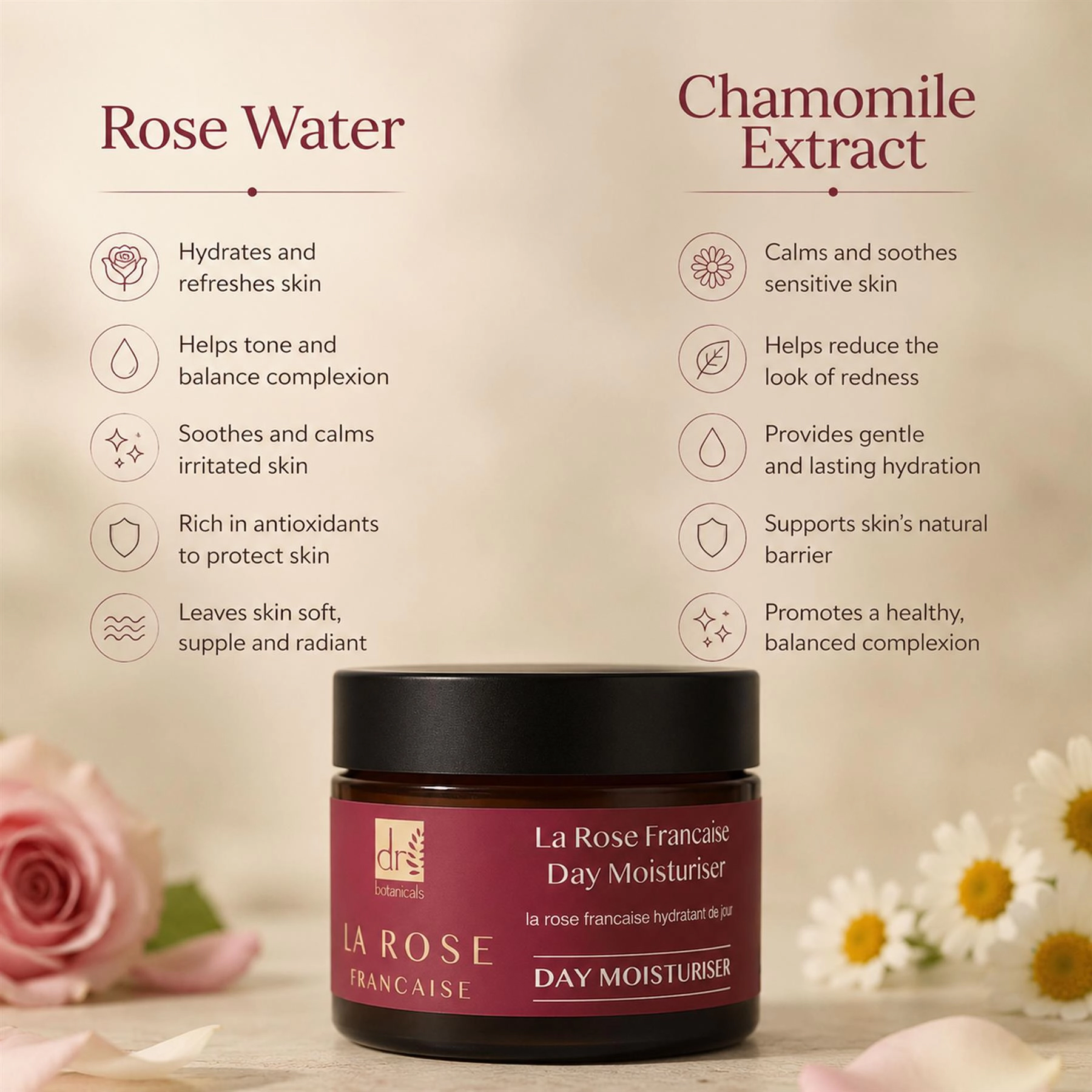 Dr Botanicals La Rose Française Day Moisturiser 50ml - Anti-Aging Brightening Cream