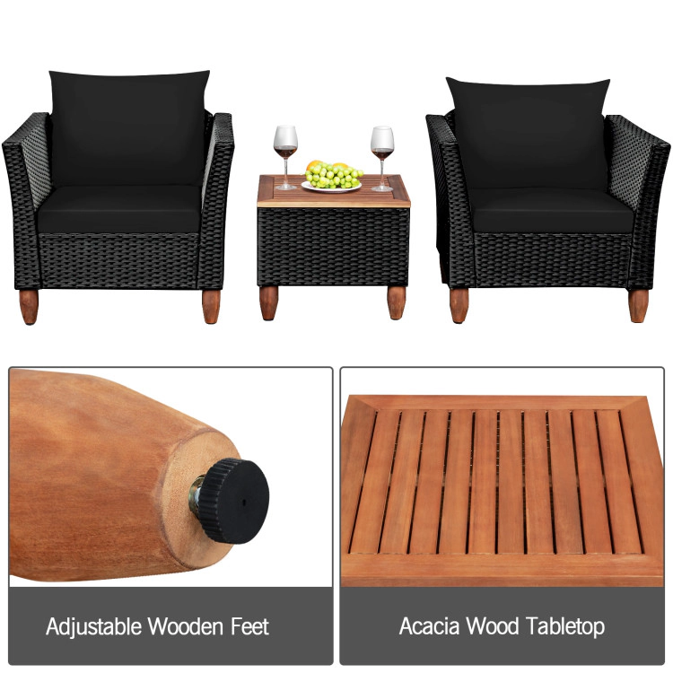 Hivvago 3 Pieces Outdoor Patio Wicker Furniture Set With Cushions And Acacia Wood Coffee Table