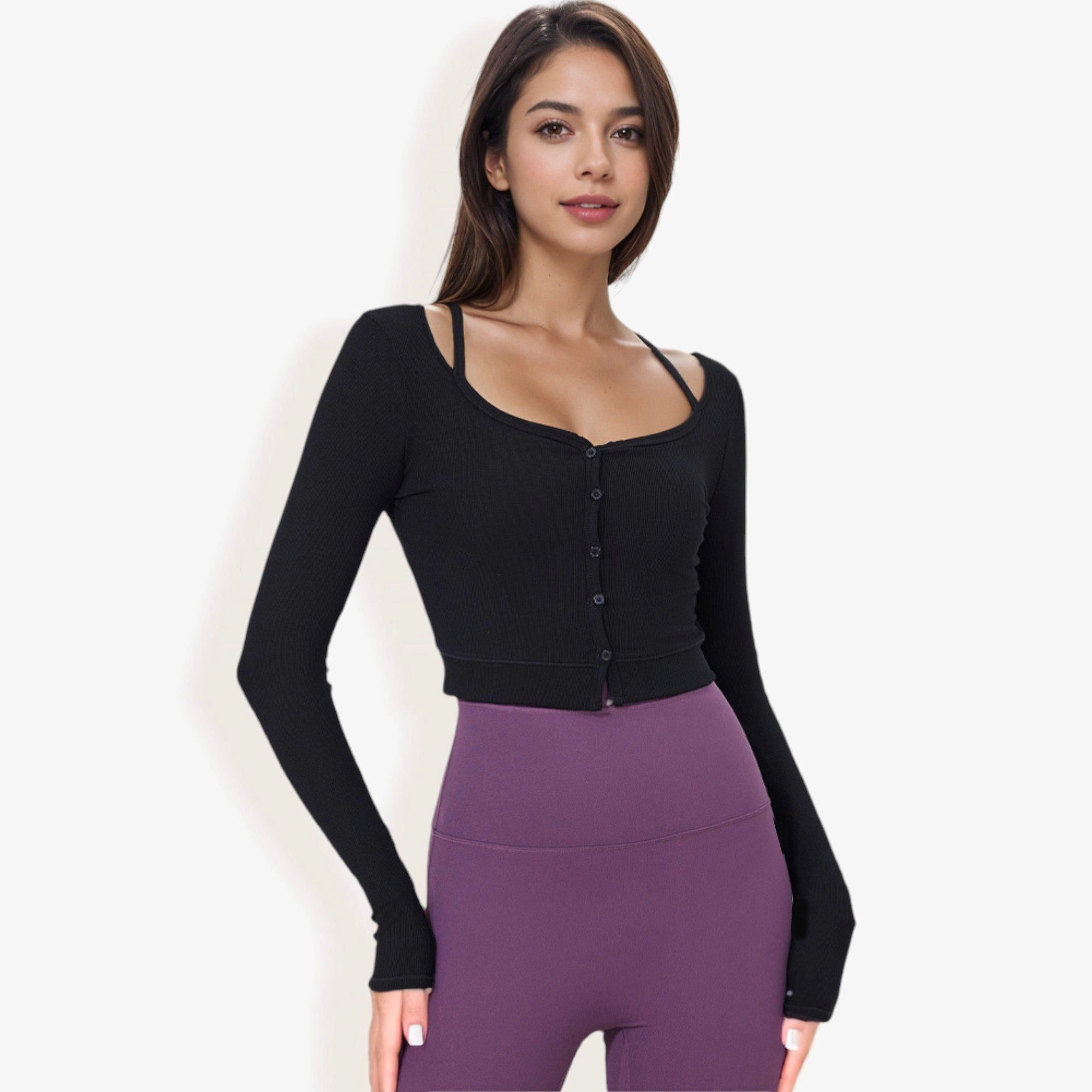 Anna-Kaci Women's Button-Up Long Sleeve Crop Top with Scoop Neck and Thumbhole Cuffs for Workout Wear