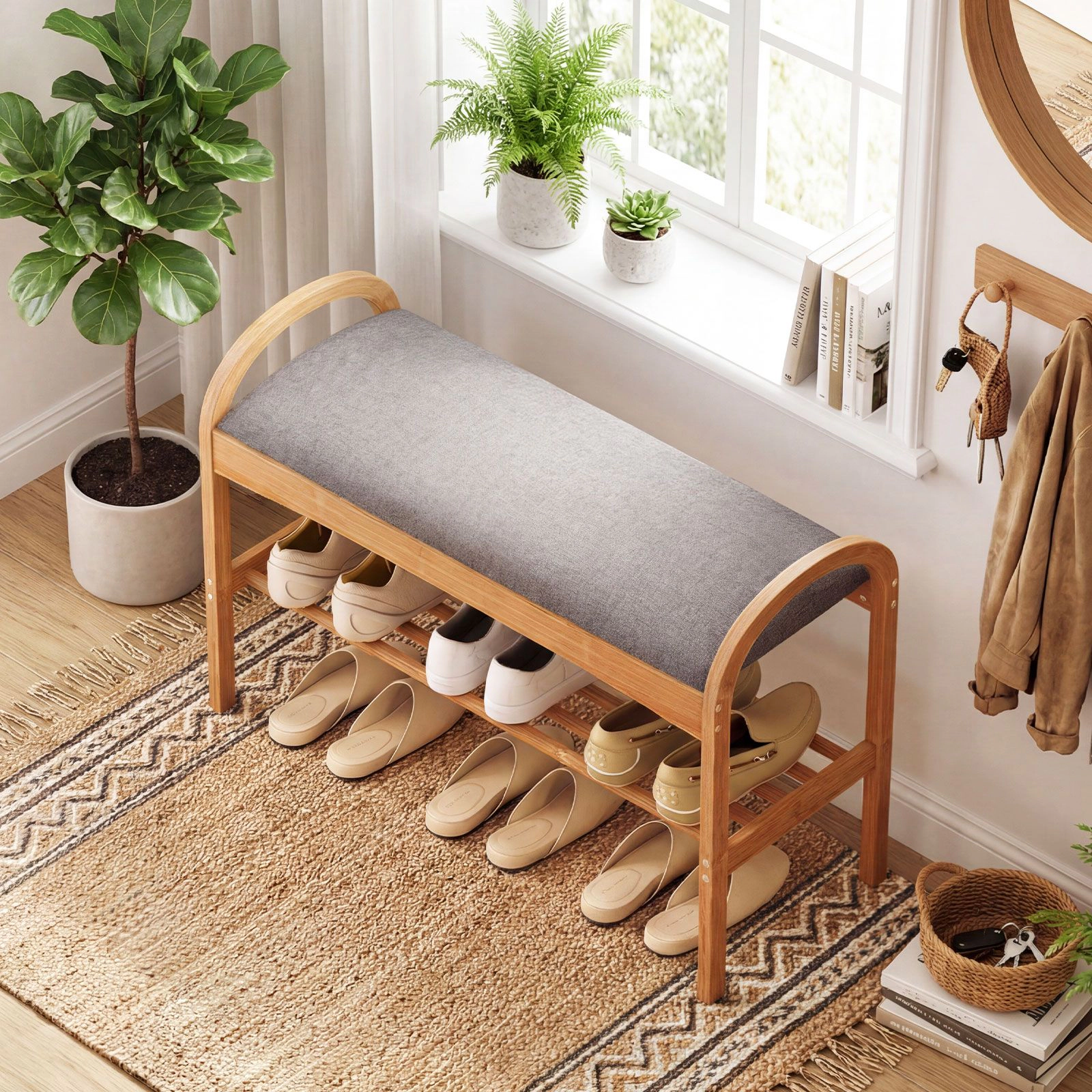 SlickBlue Entryway Shoe Storage Bench with Cushion and Shoe Shelf