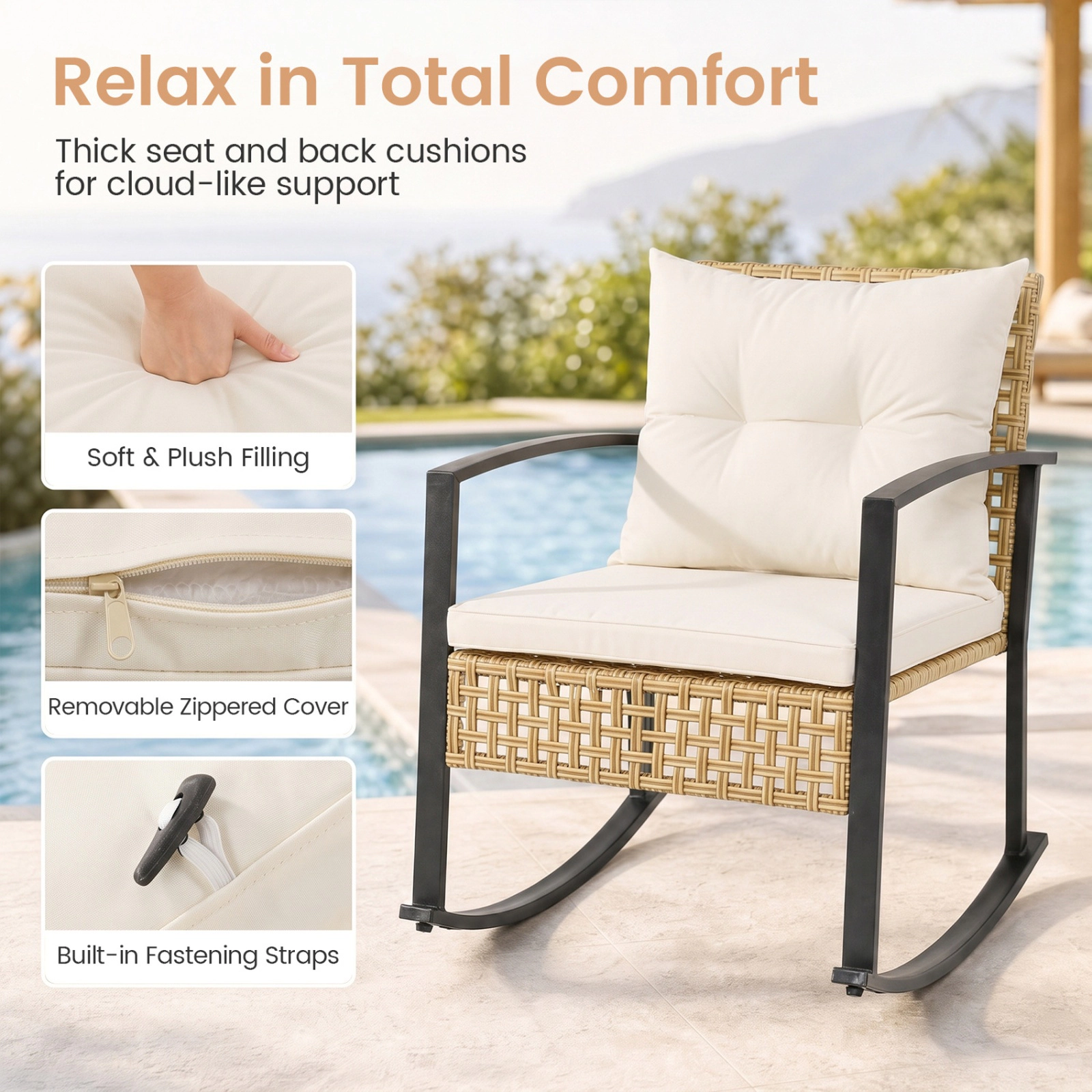 SUGIFT 3-Piece Mixed Yellow Wicker Rocking Patio Set with 2 Chairs and 2-Tier Glass Table