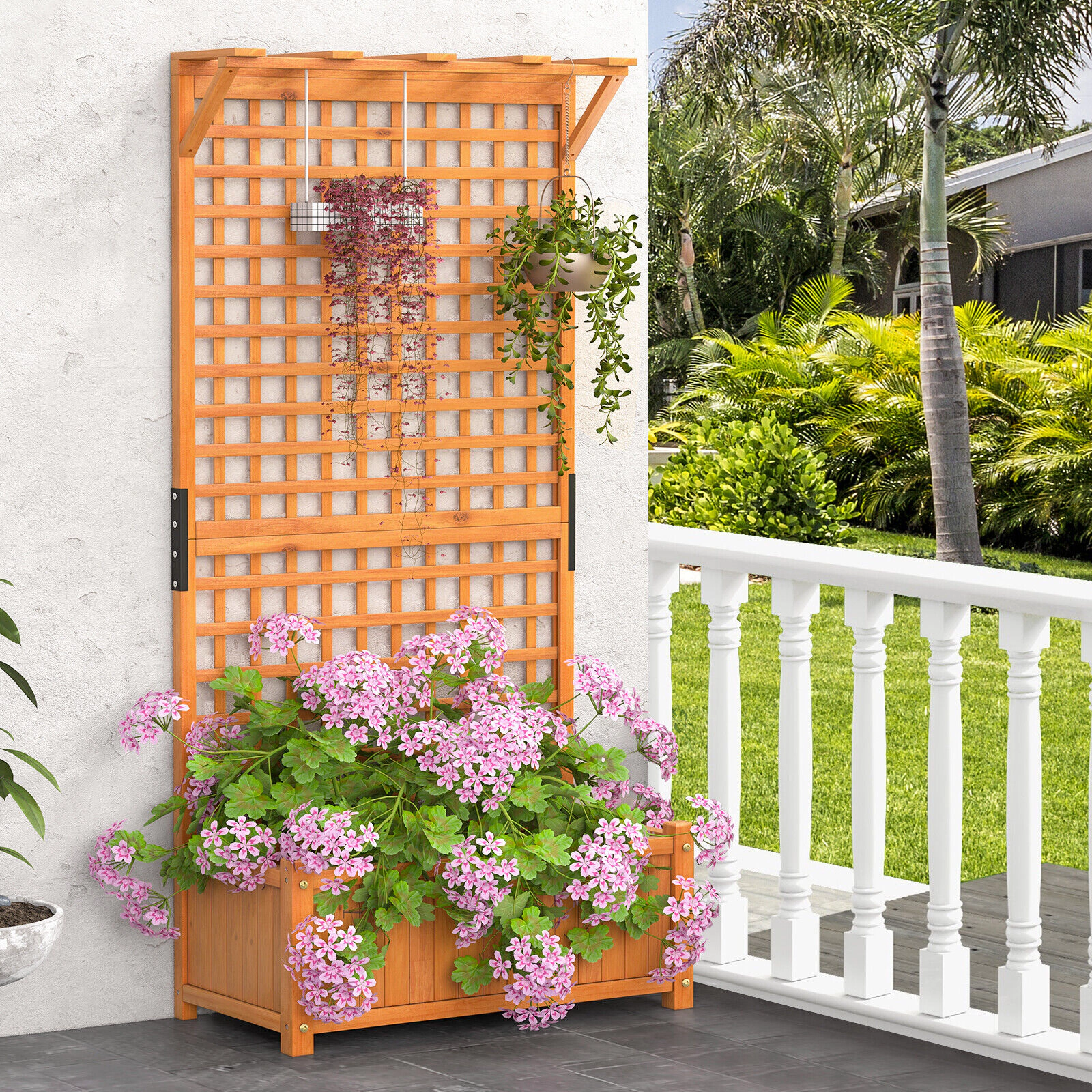 SUGIFT 72.5-in Tall 66-lb Capacity Fir Wood Raised Garden Bed with Hanging Roof and Diamond Lattice Trellis