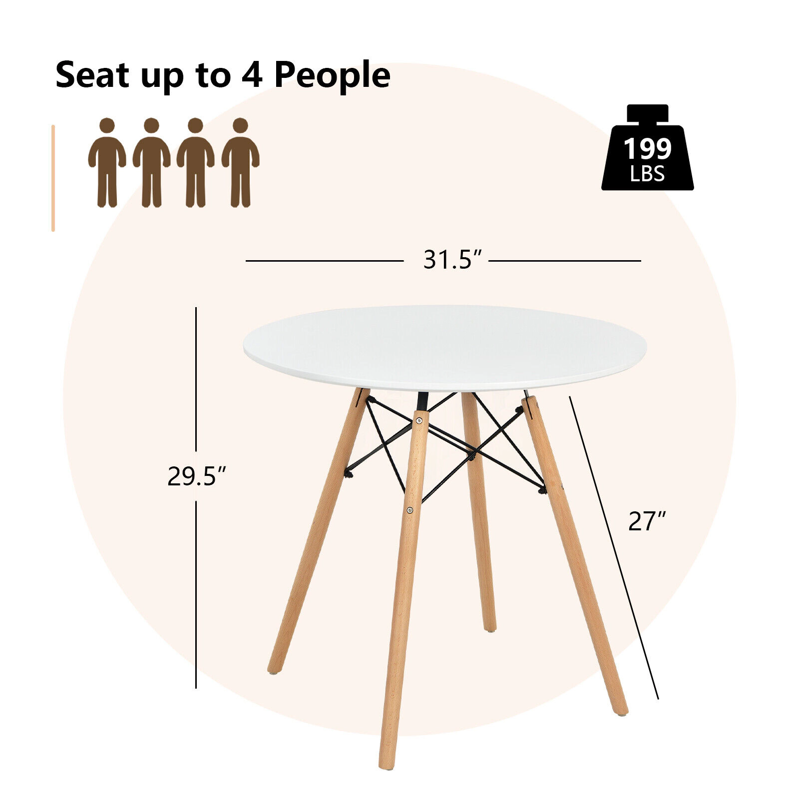 LJG Round Modern Dining Table with Solid Wooden Leg