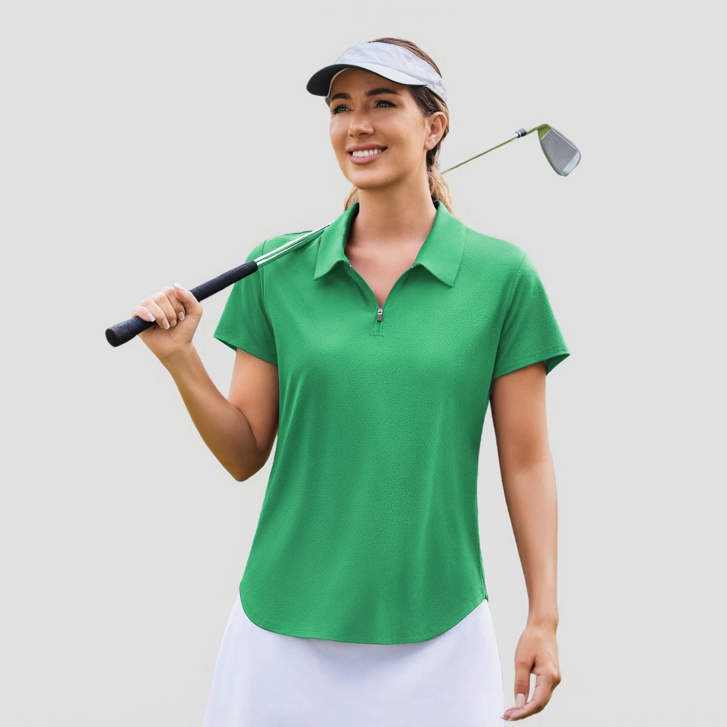 Pinspark Womens White Solid Short Sleeve Polo Shirts Quarter Zip Casual Golf Tops