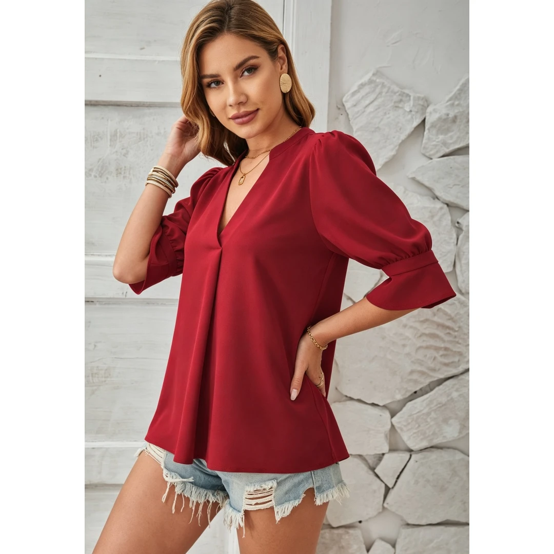 Coolmee Women's 3/4 Sleeve Tops Dressy Casual Pleated V Neck Business Work Blouses Office Shirts