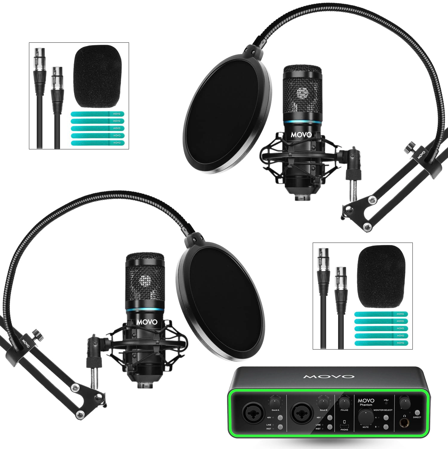 Movo PodKit2A Podcast Equipment Bundle for 2 Condenser Microphone Kit with Phantom 2x2 USB-C Audio Interface