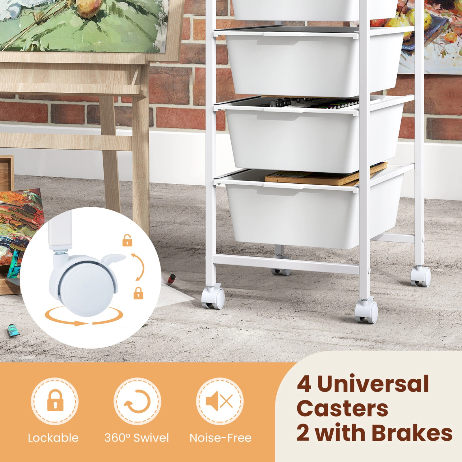 SUGIFT 4-Drawer Rolling Storage Cart Mobile Utility Organizer 40-lb Capacity Natural + White