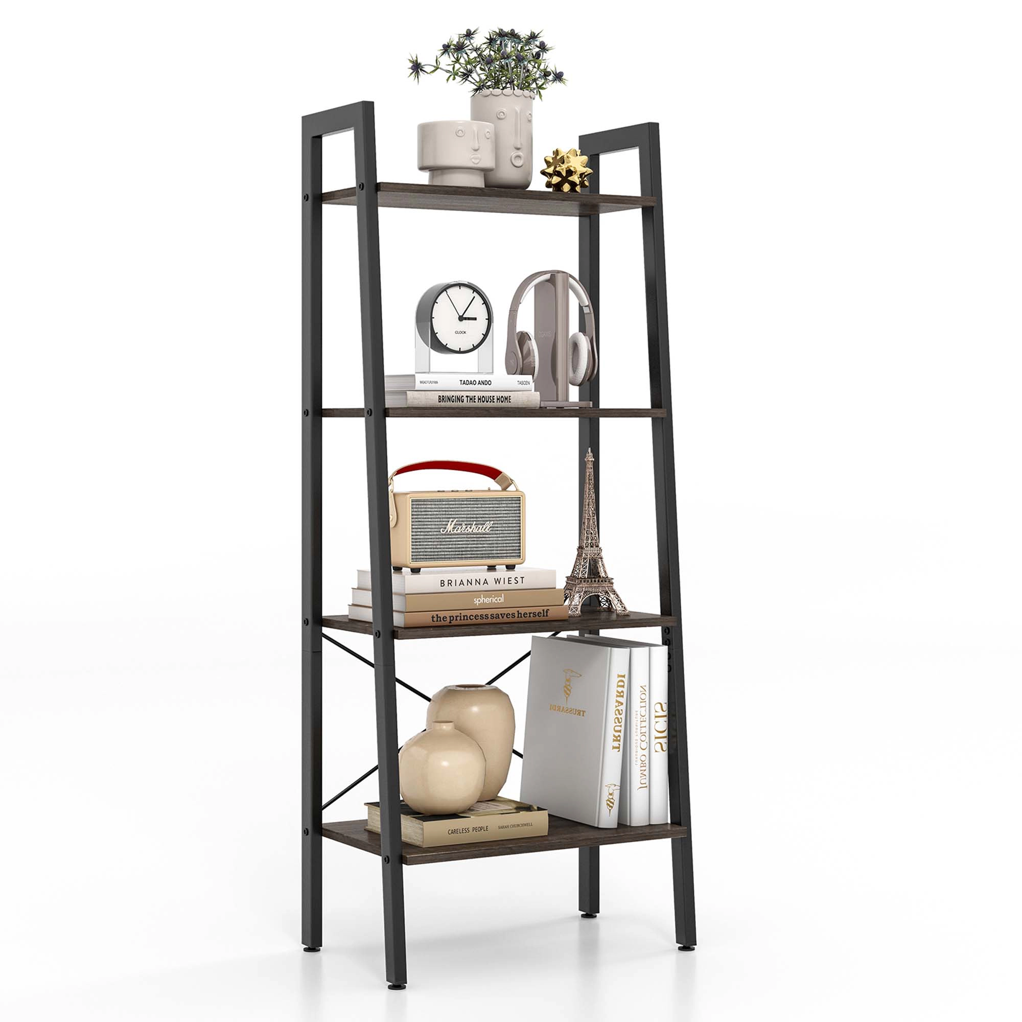 Costway 4-Tier Wood Ladder Shelf Bookcase Bookshelf Display Rack Dark Grey