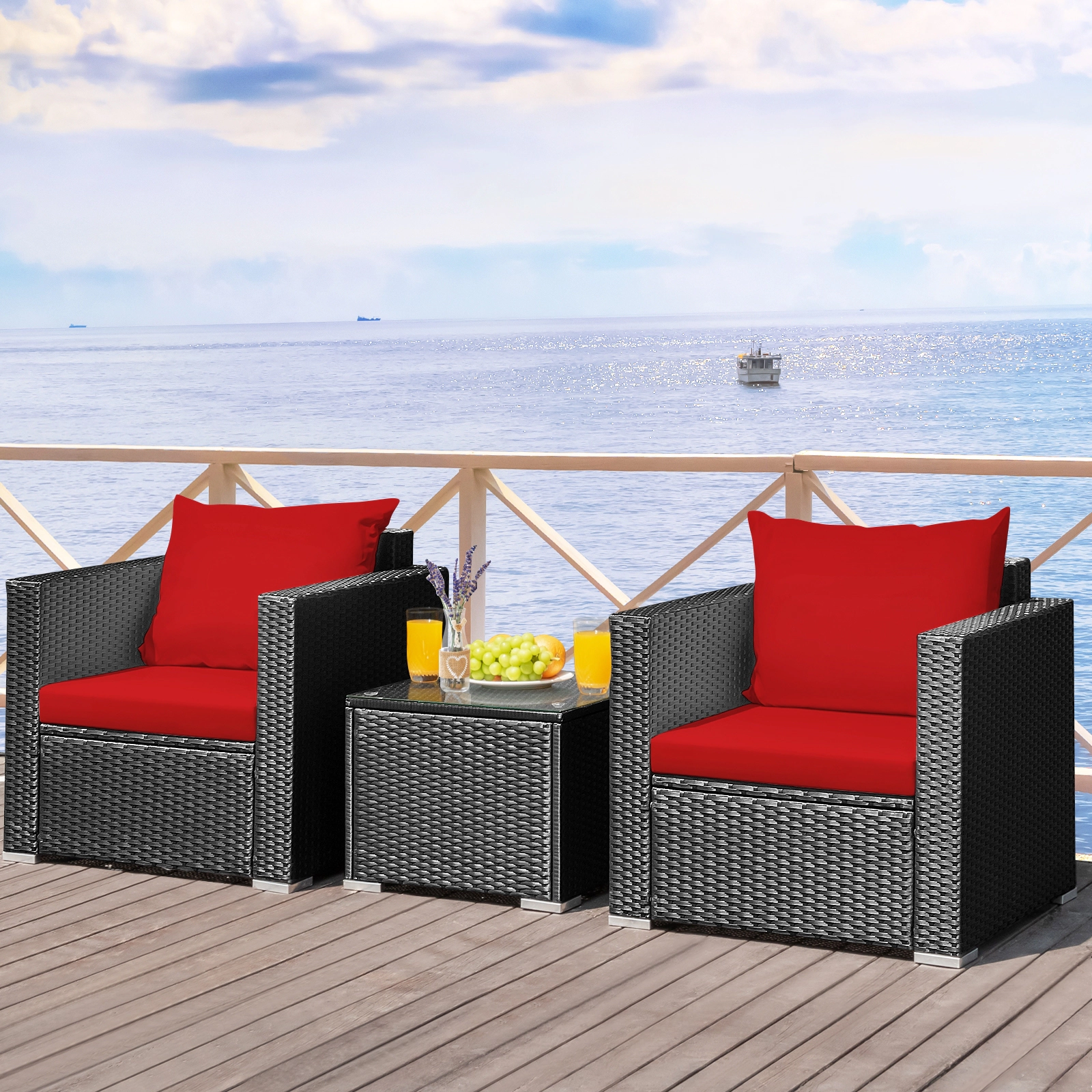 SUGIFT Patio Wicker Conversation Set with Cushions 400-lb Sofa Capacity Red Black Rattan