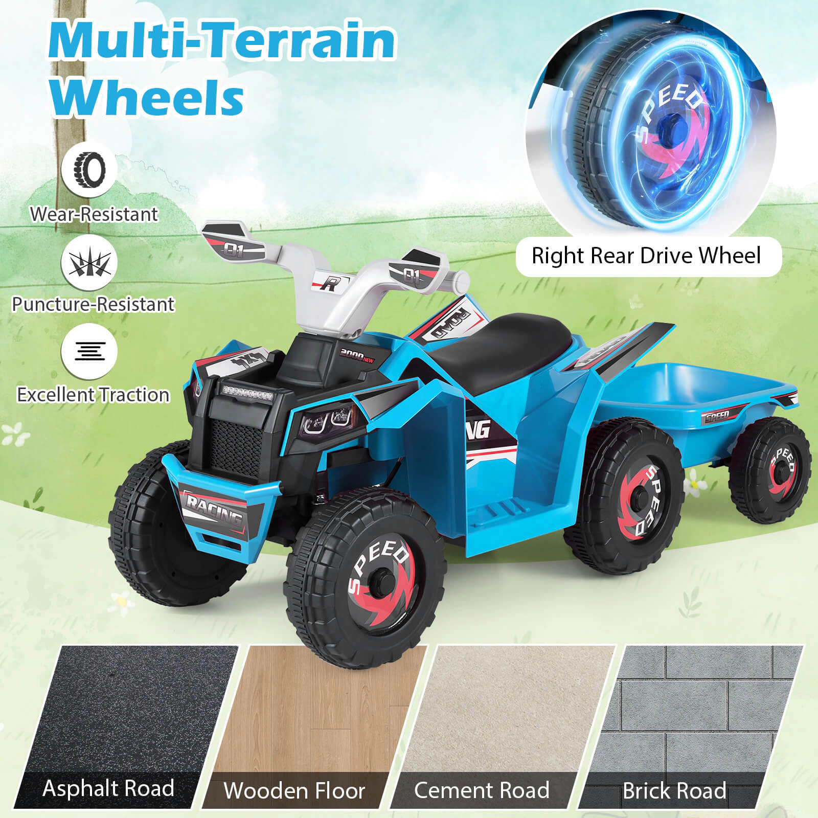 Costway Kids Electric ATV Car, 6V Battery-Powered Ride on Toy with Removable Back Trailer