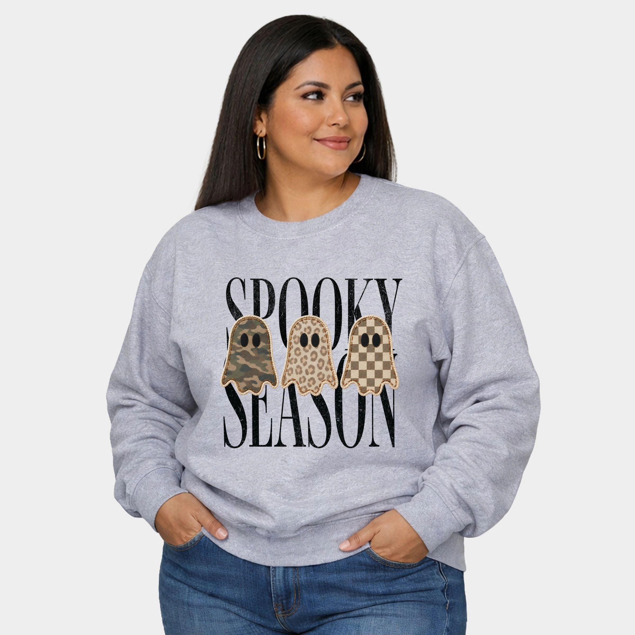 Simply Sage Market - Women's Plus Sized Graphic Sweatshirt Spooky Season Patterned Ghosts PRINT