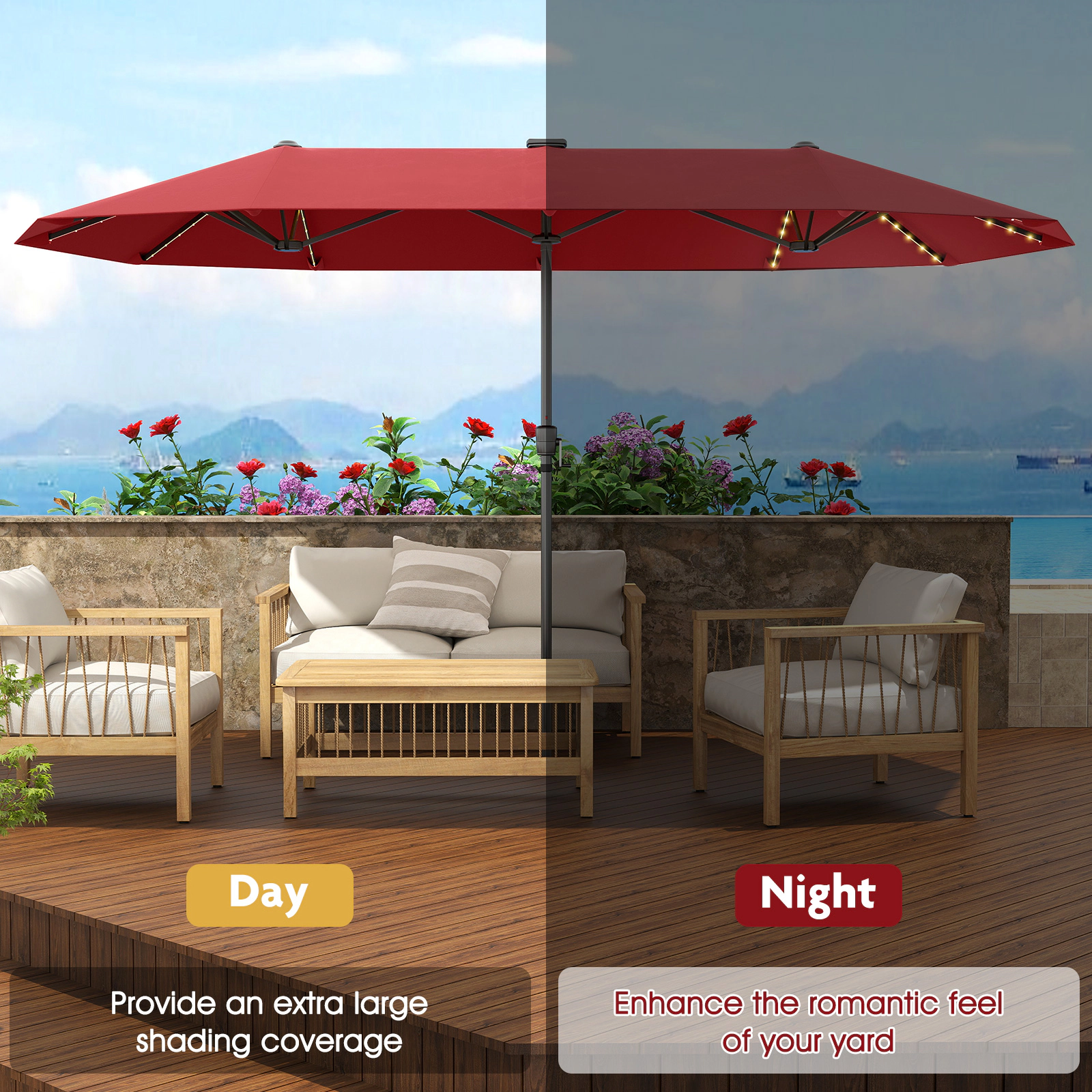 SUGIFT Red 108 Solar LED Lights and Crank Handle 13 FT Large Double-Sided Patio Umbrella