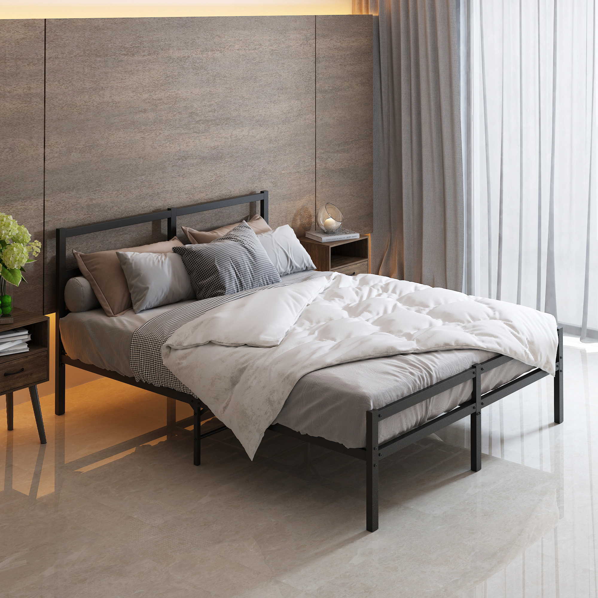 Flynama Full Metal Platform Bed Frame with Headboard, No Box Spring Needed