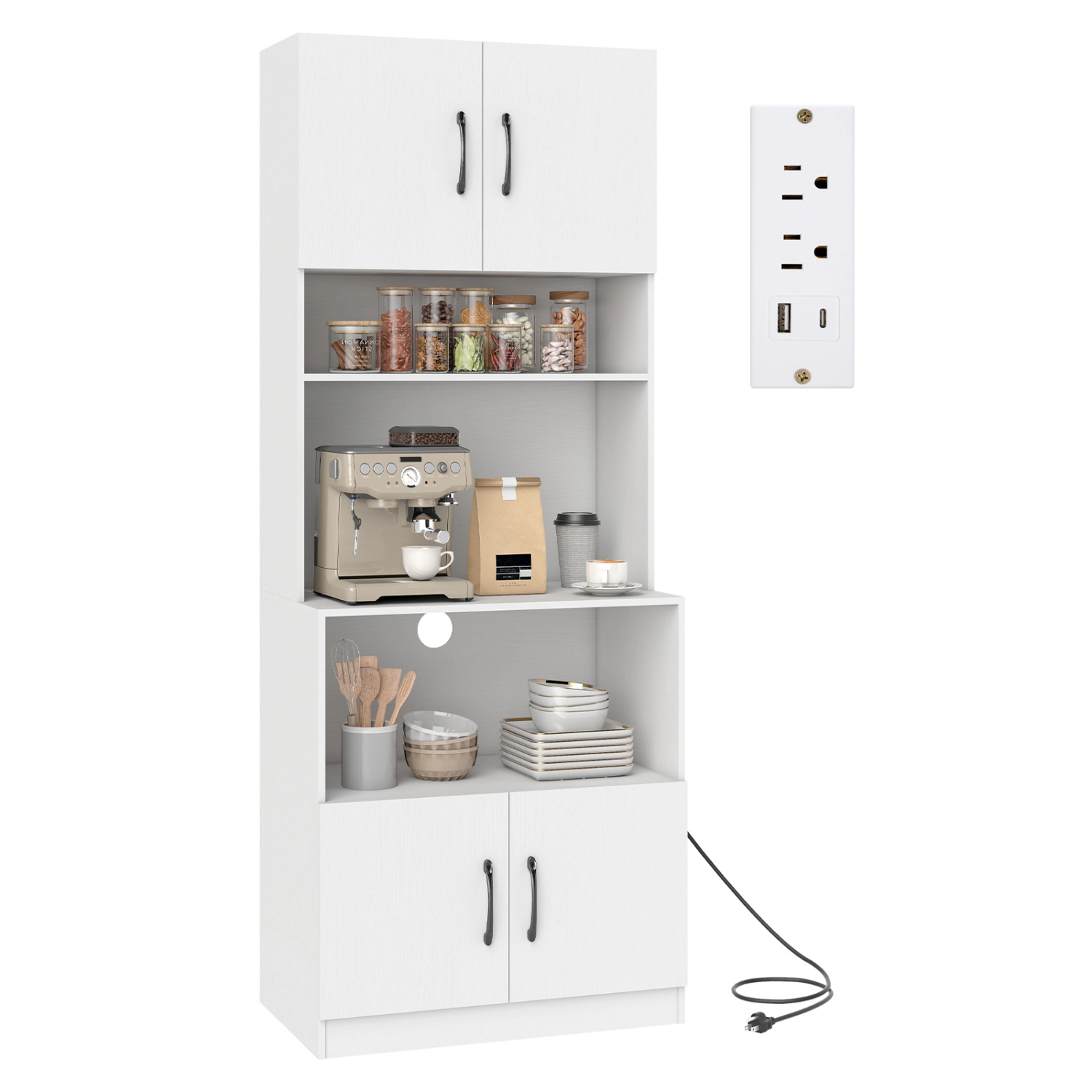 Glintex 66-Inch Kitchen Hutch with Charging Station and Adjustable Shelves, White