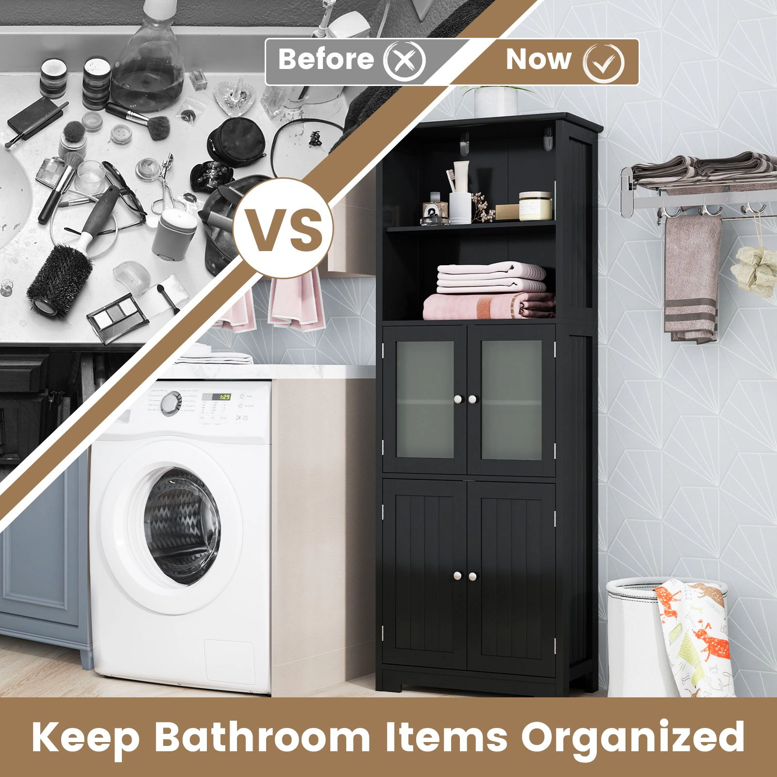 SlickBlue 64" Tall Bathroom Storage Cabinet with Glass Doors