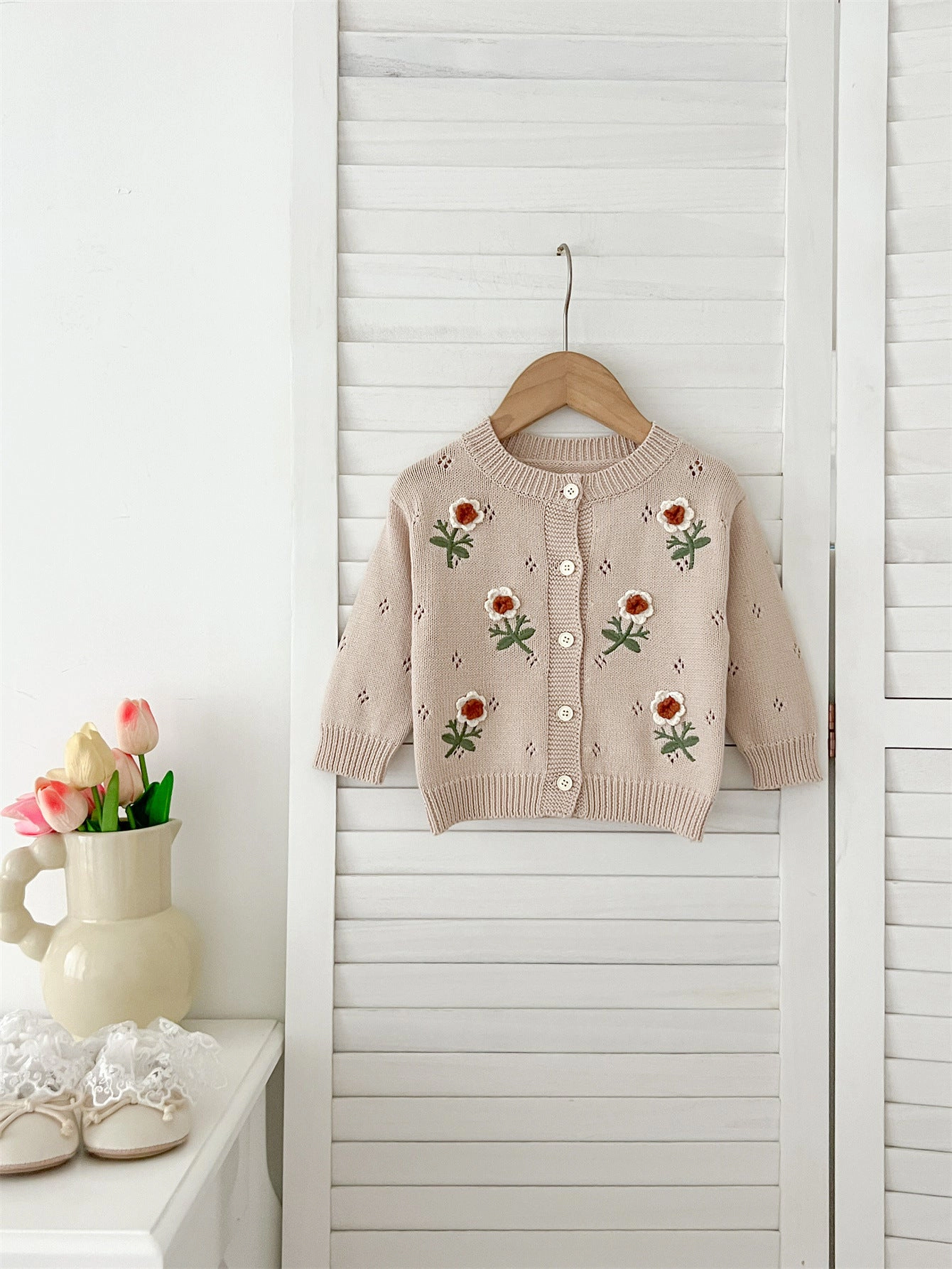 MyKids-USA Baby Girls Comfortable Flowers Embroiedery Knitted Long Sleeves Cardigan
