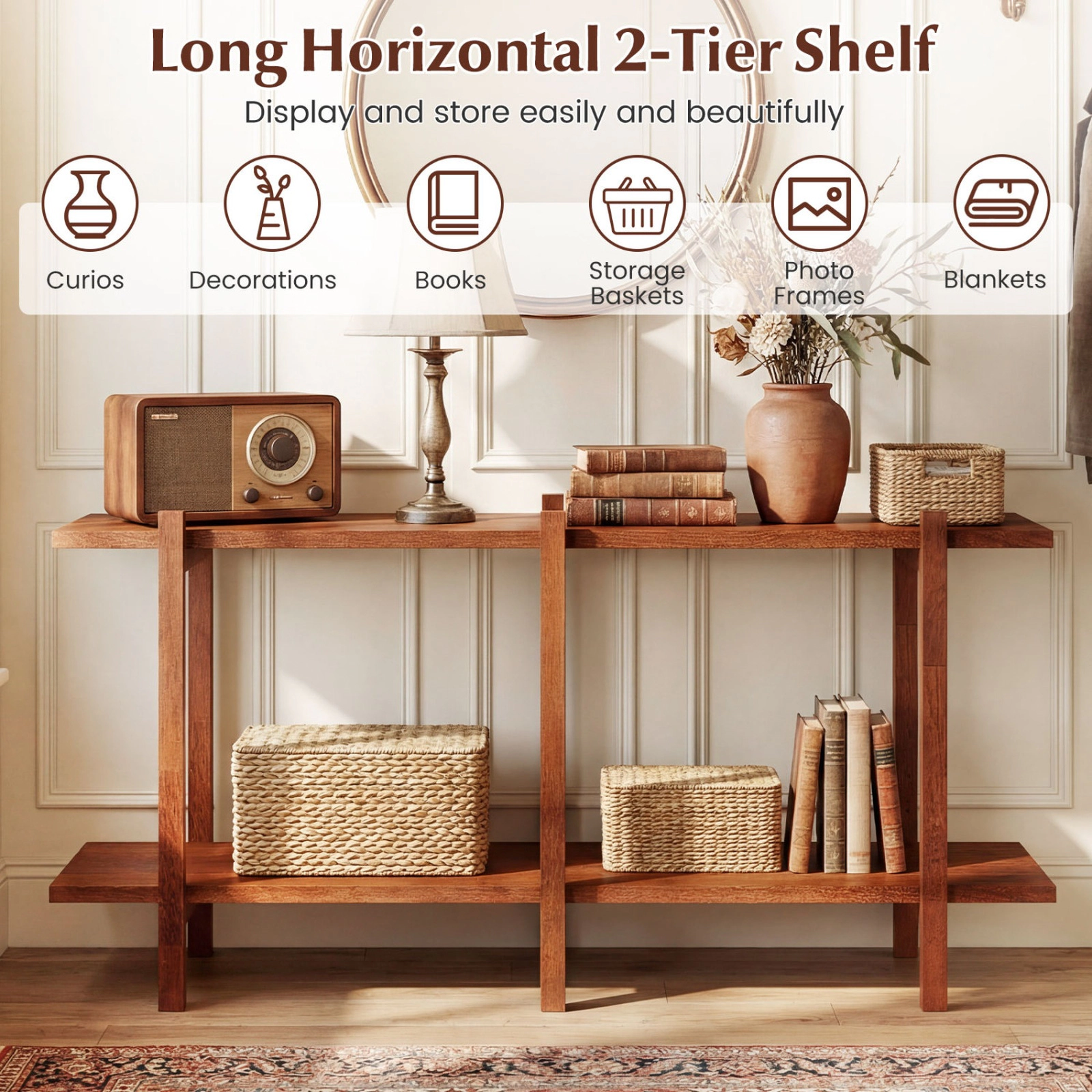SUGIFT 2-Tier Low Horizontal Rubberwood MDF Bookshelf 48-in Wide Shelves 135-lb Per Shelf Capacity Walnut 1-Piece