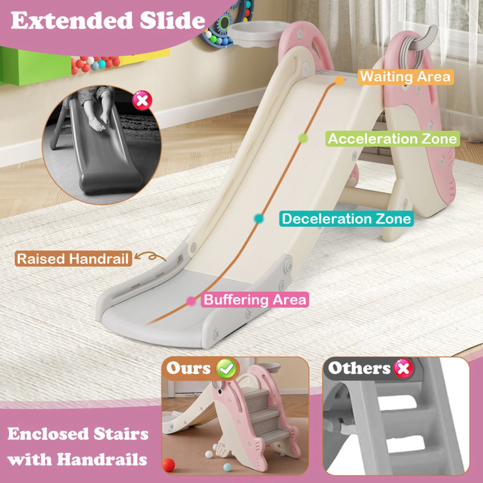 SUGIFT Pink Basketball Hoop and Rings Foldable Freestanding Baby Slide Climber Playset