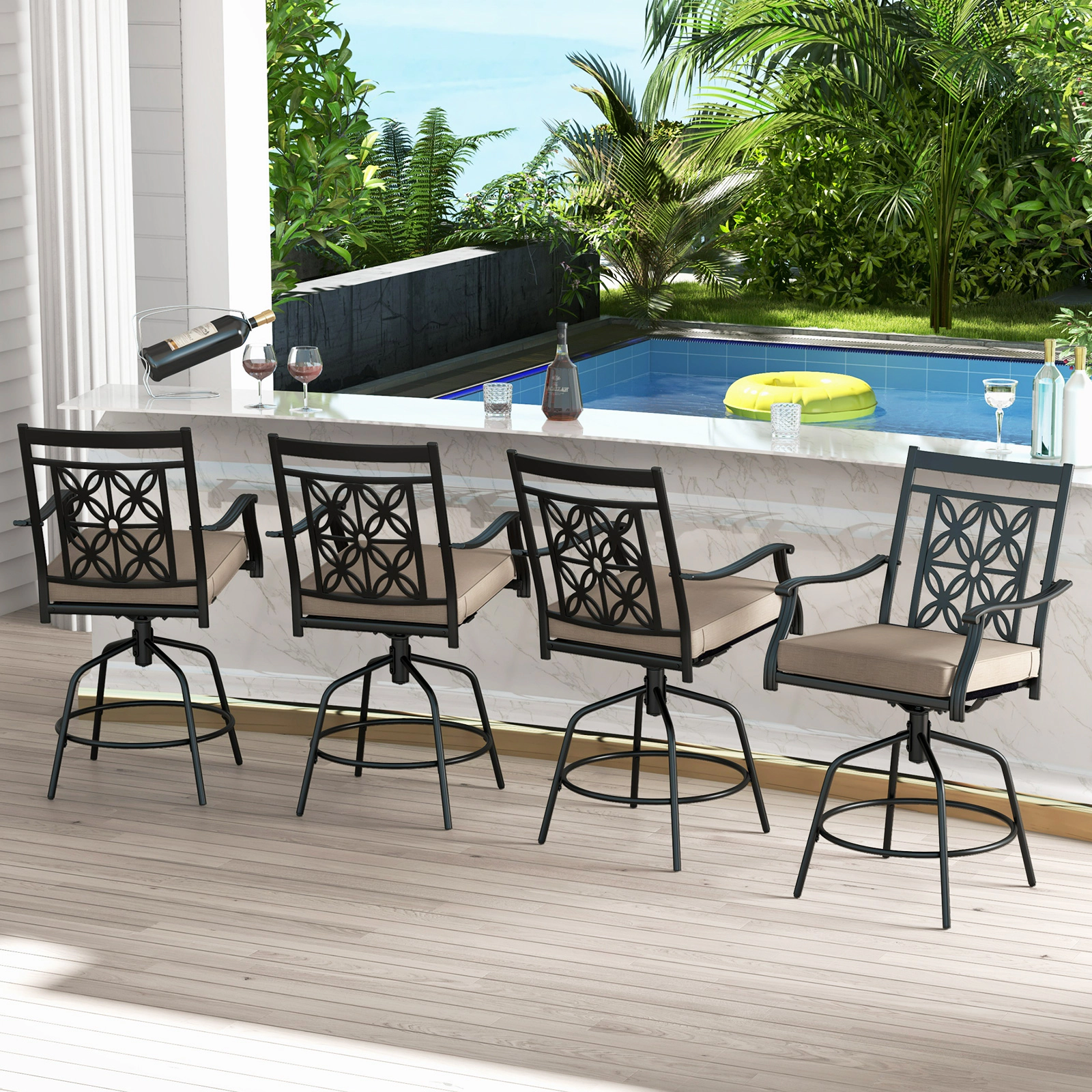 SUGIFT Set of 2 Brown Outdoor Swivel Bar Stools, 350 lb Capacity, Cushions and Armrests